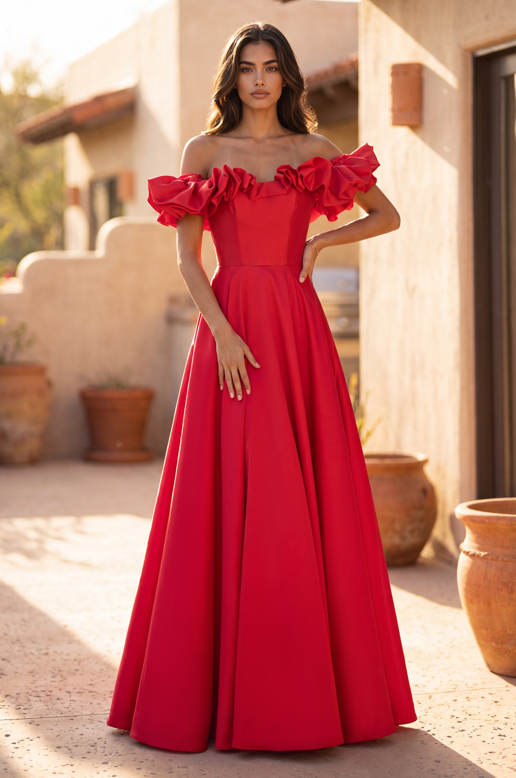 Long Ball Gown Satin Ruffle Off Shoulder Prom Dress