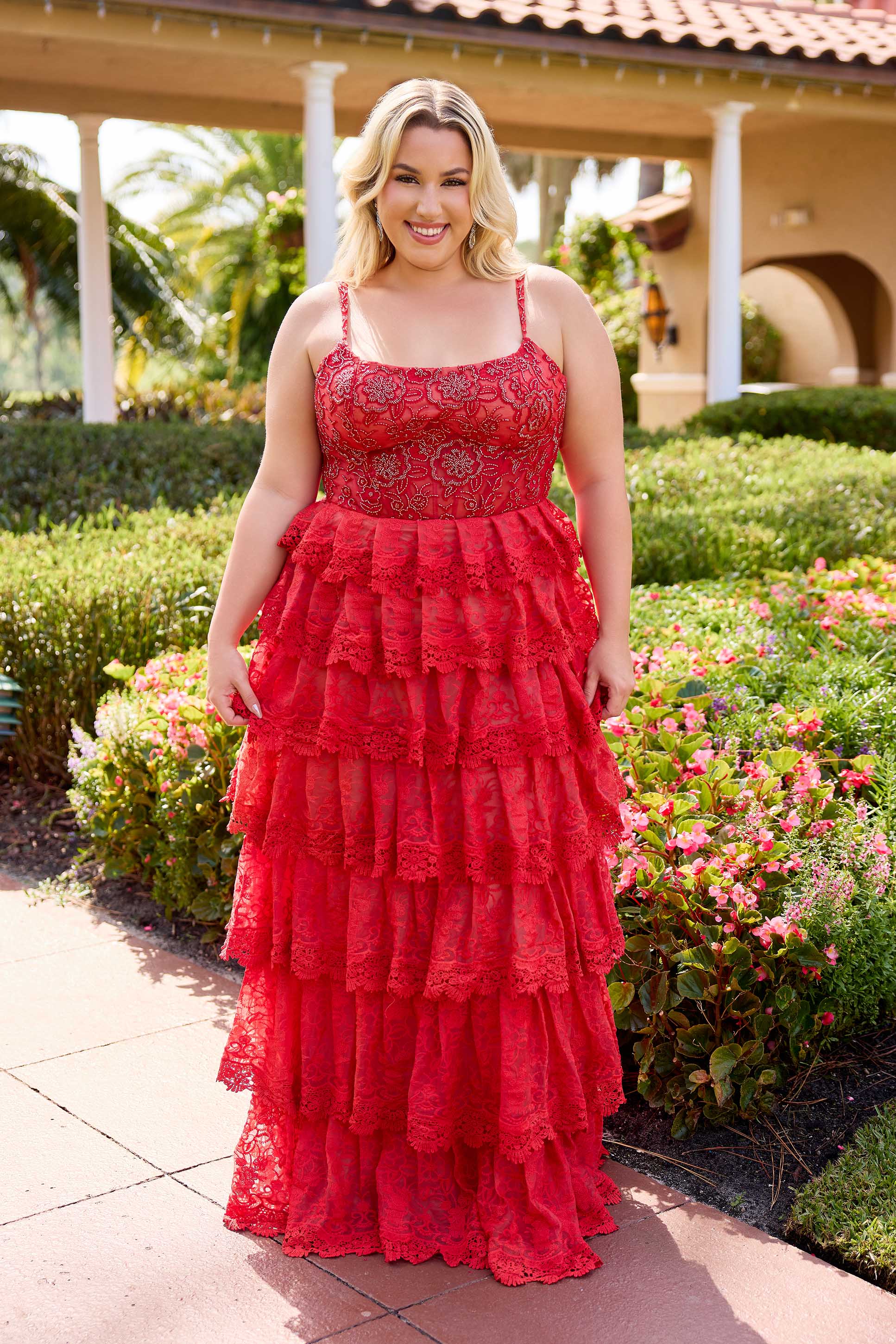 Plus Size Dresses Plus Size Long Prom Formal Lace Ruffle Dress Primavera Couture 14110 Red Nude
