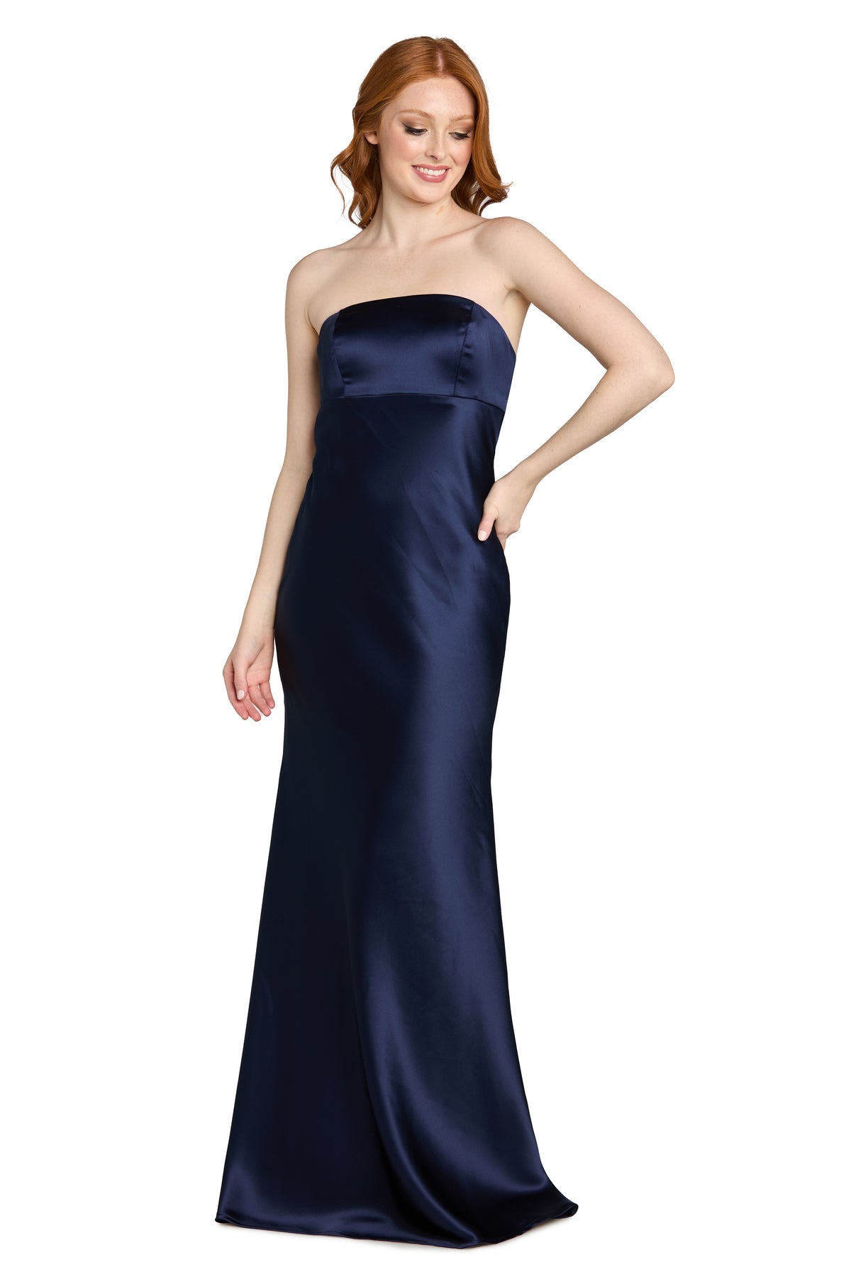 Navy Strapless Floor-Length Satin Formal Column Gown Elara Morgan & Co 14110