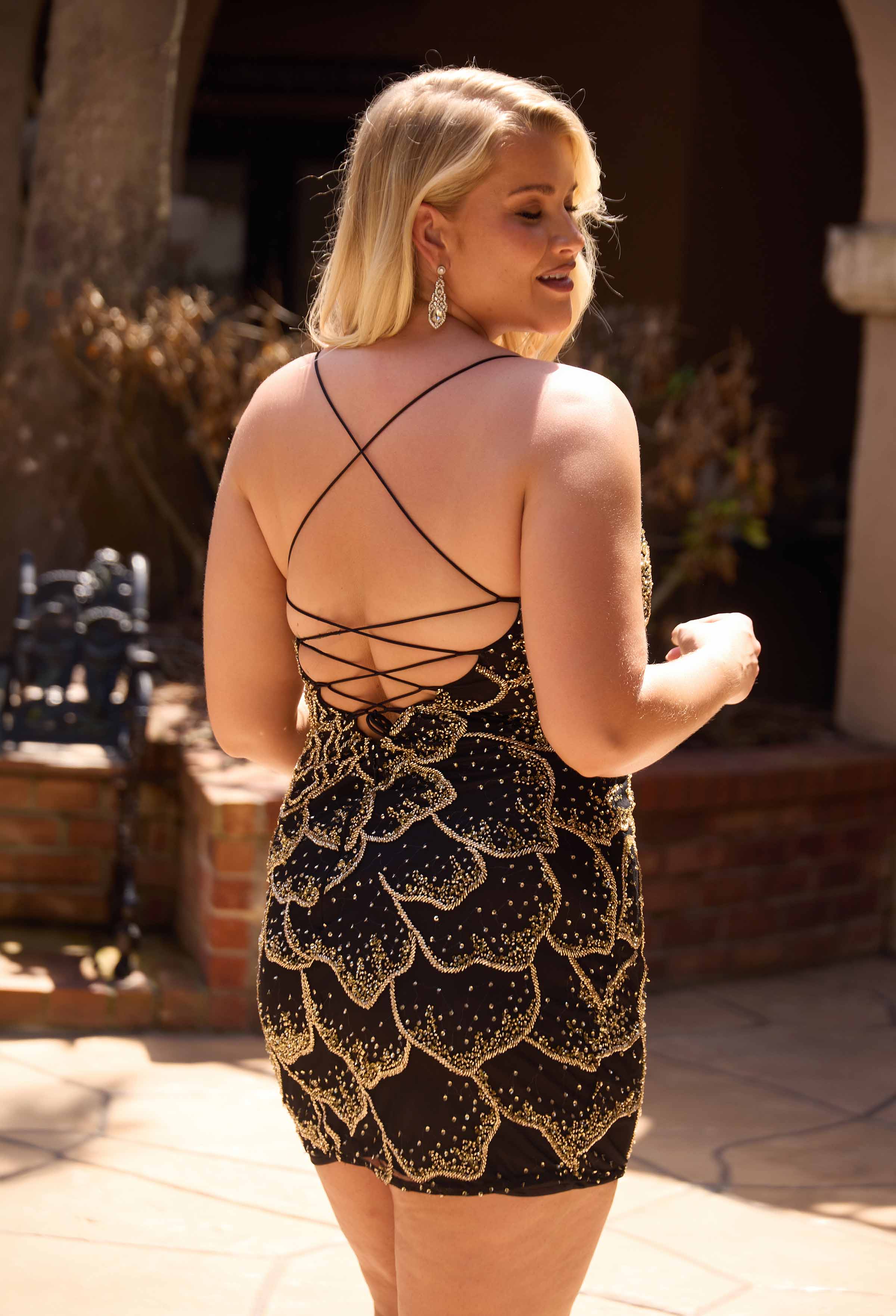 Black Gold Scoop Neck Mini Floral Cocktail Dress Beaded Primavera Couture 14115