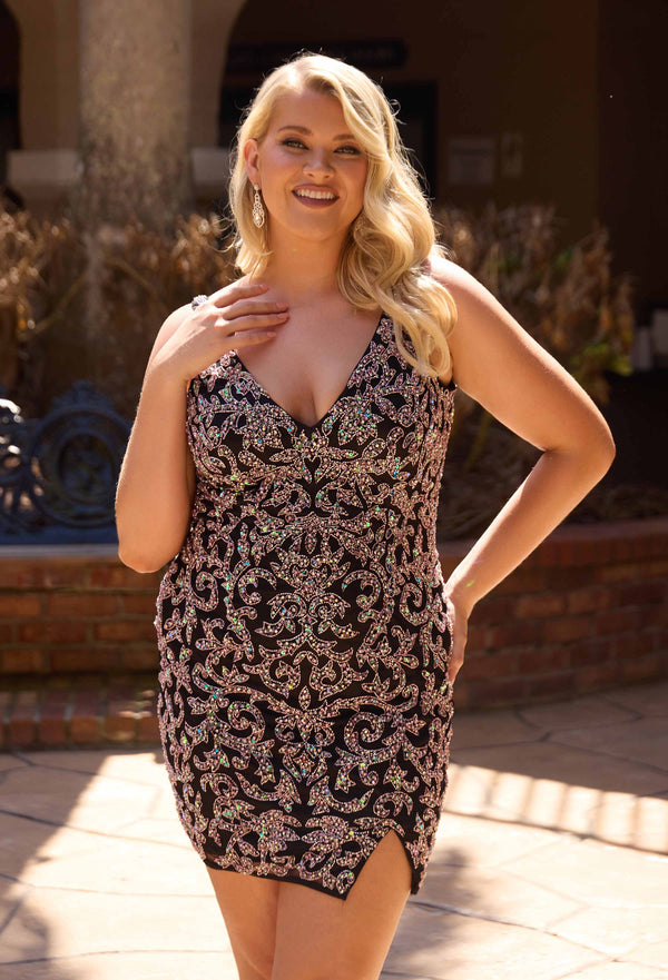V-Neck Short Sequined Cocktail Party Dress Primavera Couture 14117