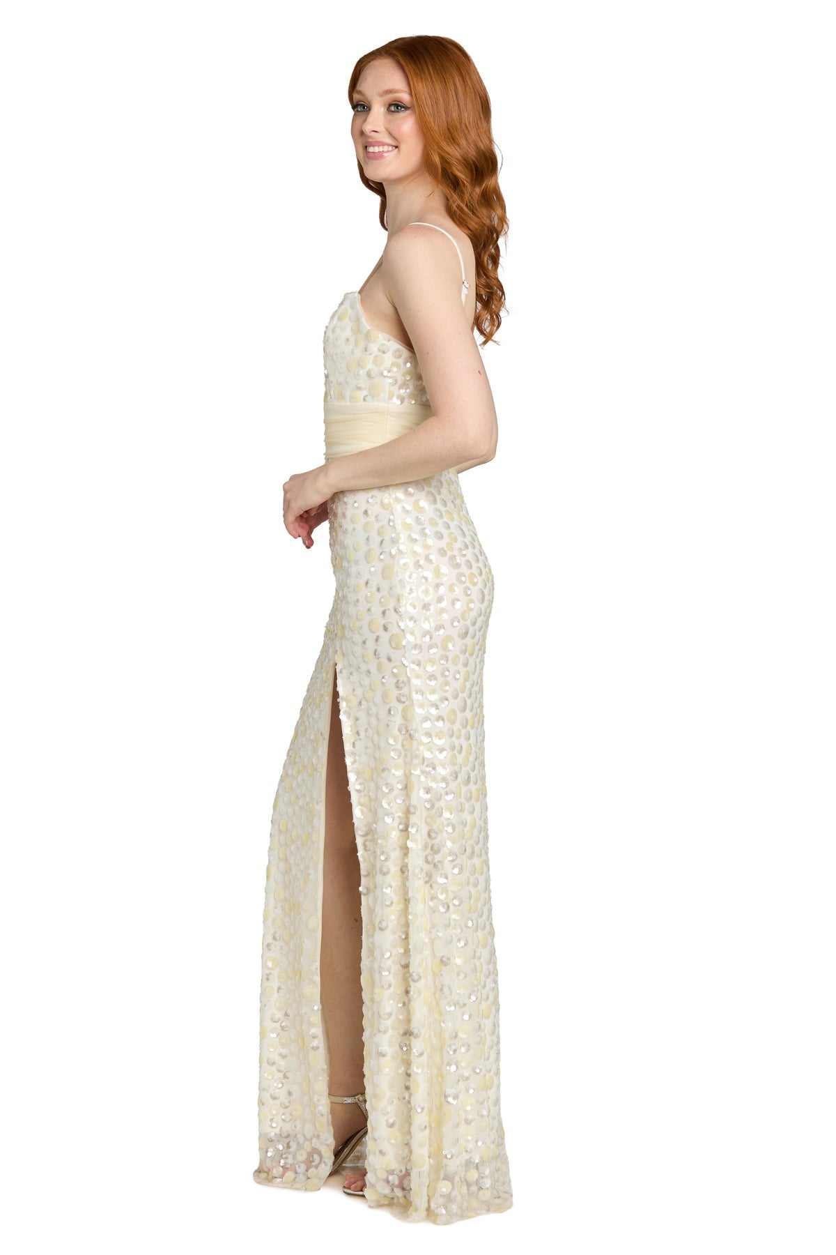 Plunge Neck Long Sequin Prom Dress by Morgan & Co 14124 in Yellow