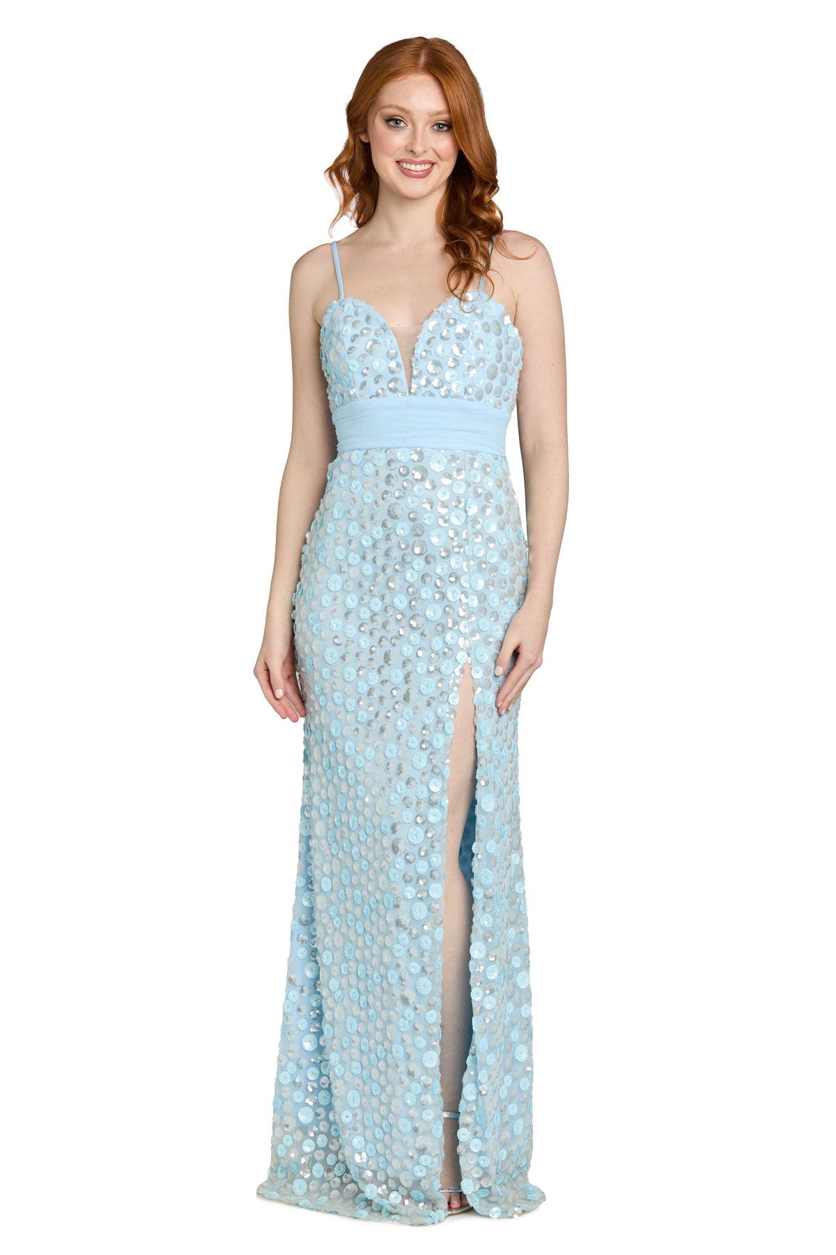 Plunge Neck Long Sequin Prom Dress by Morgan & Co 14124 in Blue