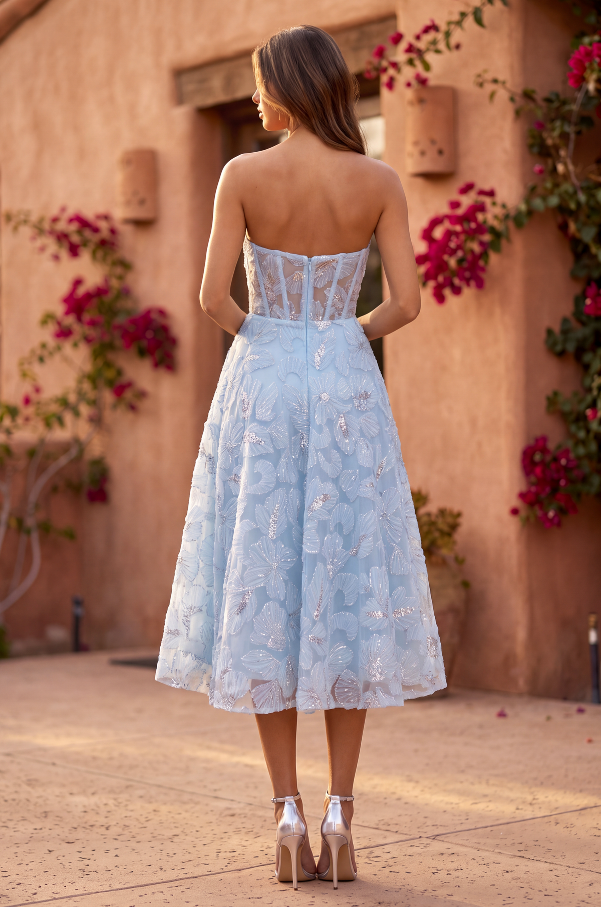 Cocktail Dresses Strapless Formal A Line Floral Lace Midi Cocktail Dress Dusty Blue