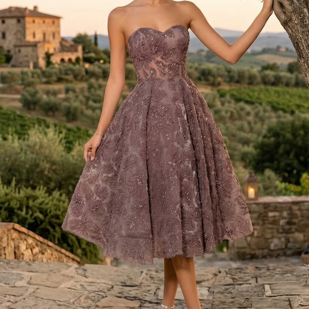 floral lace trim underwire cocktail dress Strapless Formal A Line Floral Lace Midi Cocktail Dress