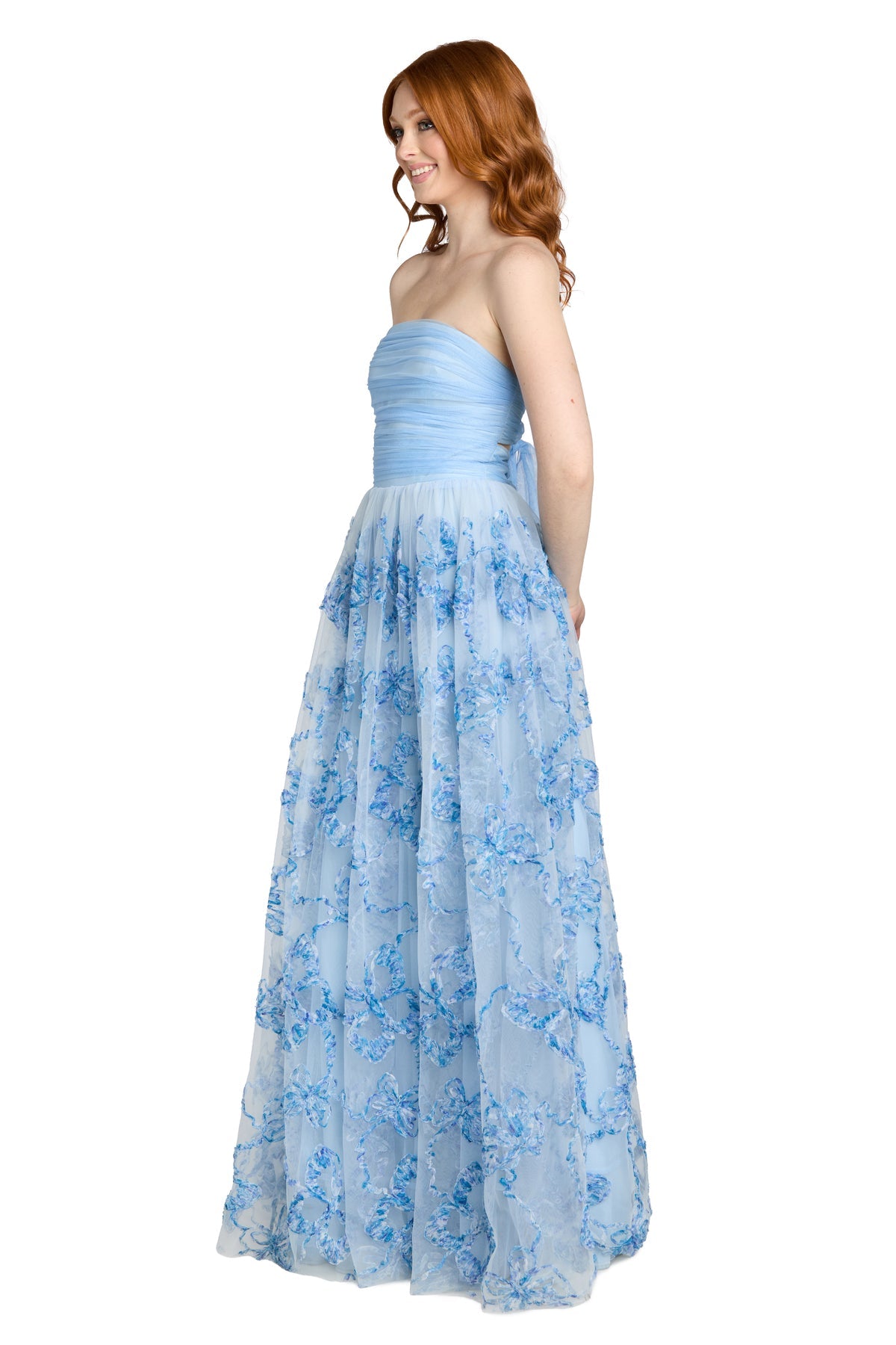 Strapless Long Floral Prom Dress by Morgan & Co 14135 in Blue