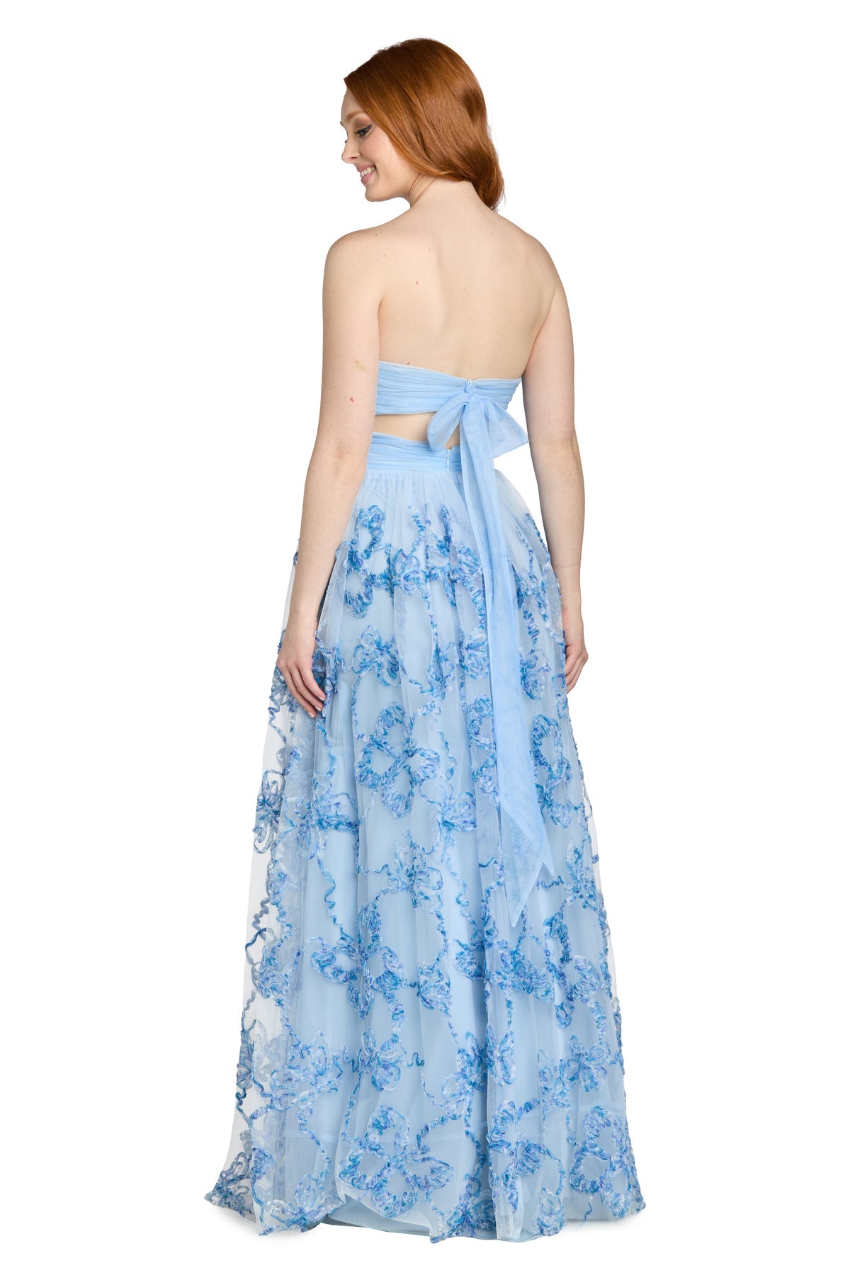 Strapless Long Floral Prom Dress by Morgan & Co 14135 in Blue