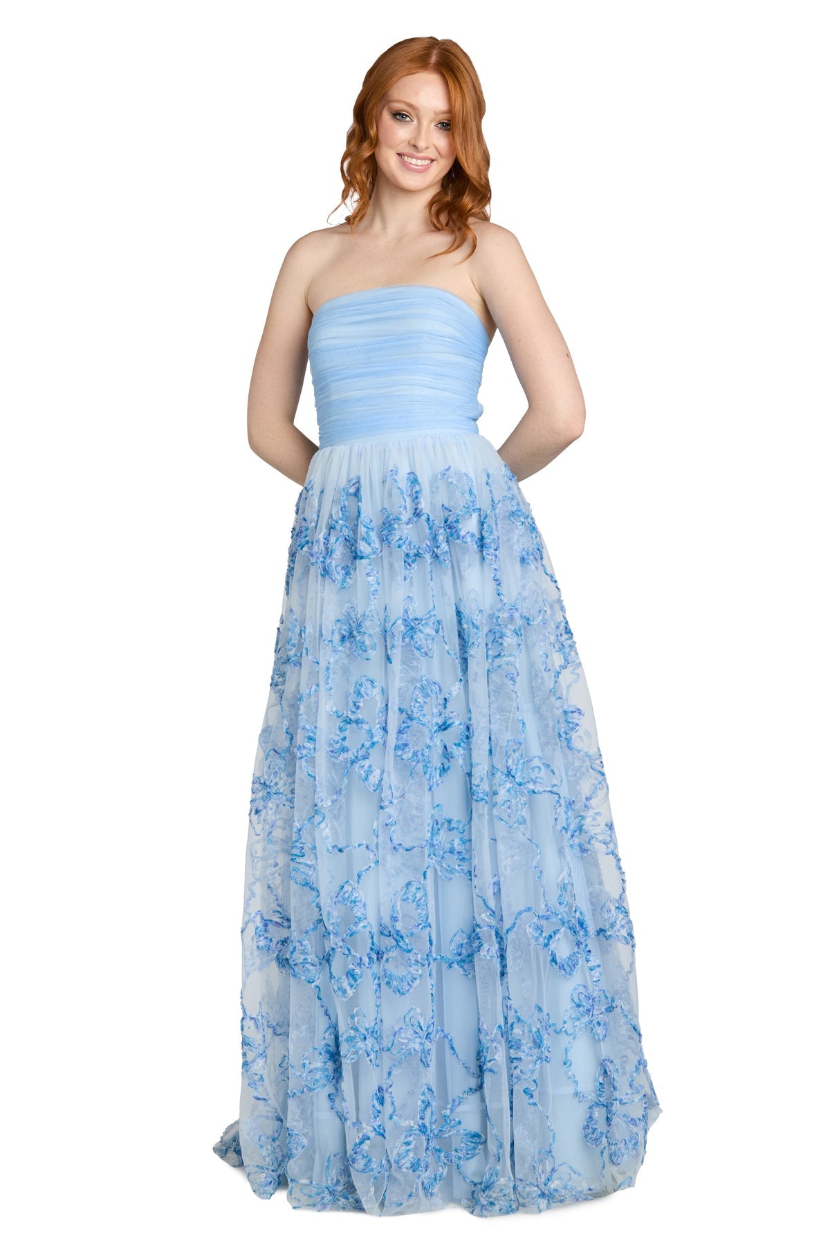 Strapless Long Floral Prom Dress by Morgan & Co 14135 in Blue