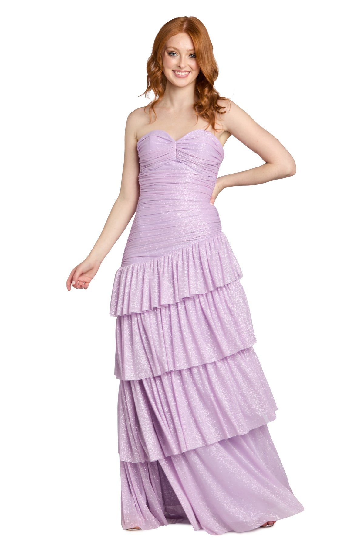 Strapless Long Shimmer Tiered Prom Dress by Morgan & Co 14172 in Lilac
