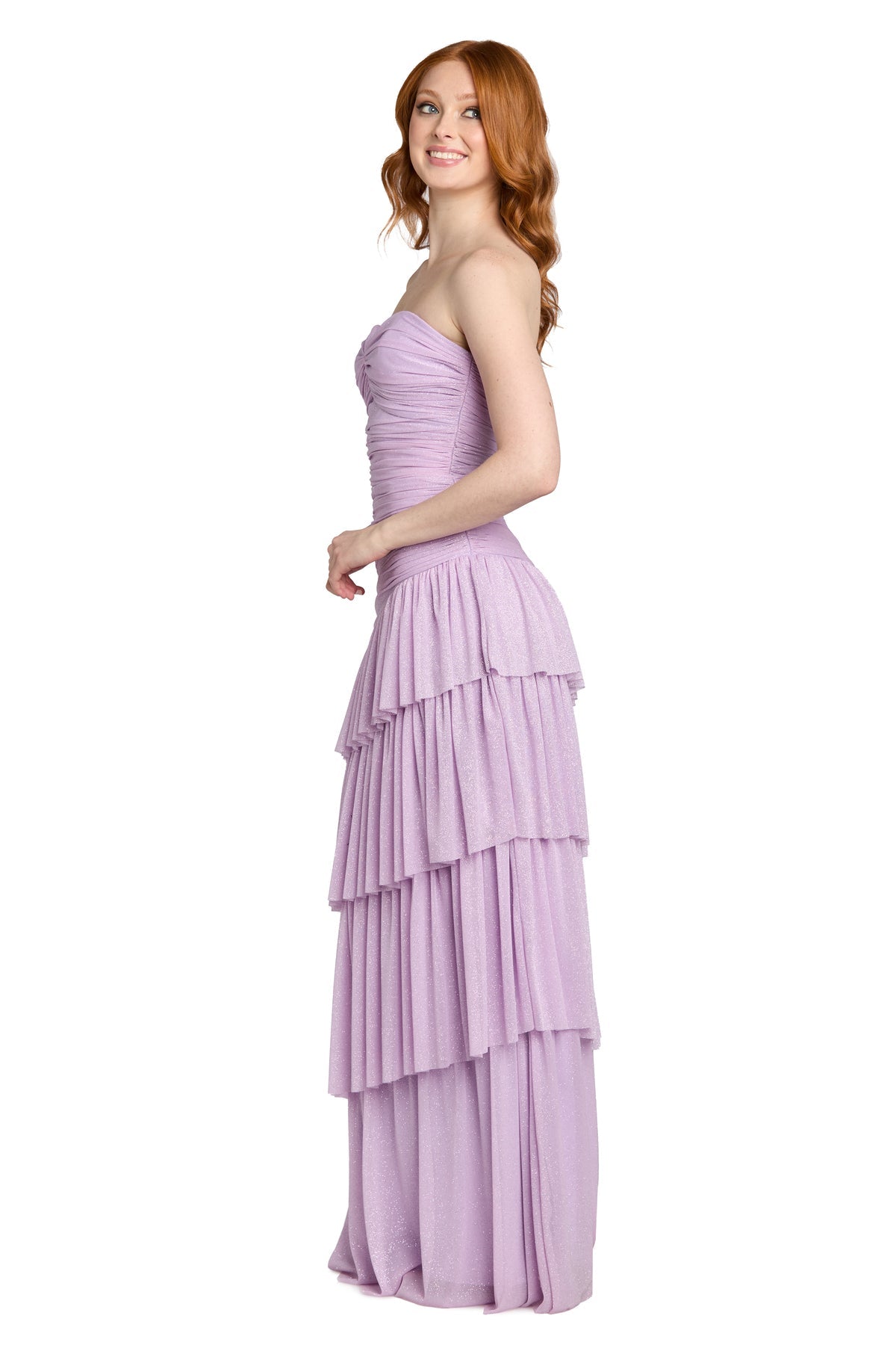 Strapless Long Shimmer Tiered Prom Dress by Morgan & Co 14172 in Lilac