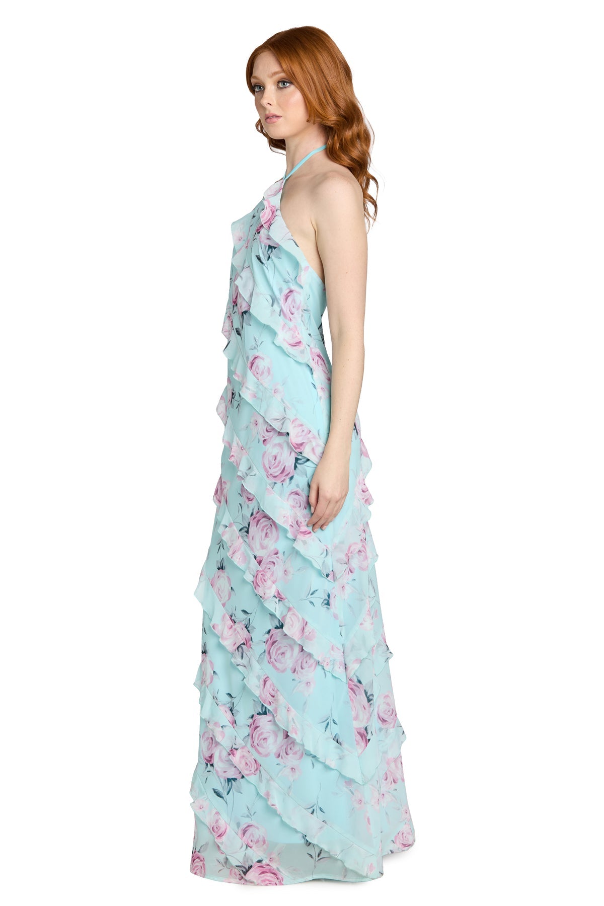Baby/Blue Halter Floor-Length Mesh Spring Event Dress Cascading Ruffles Morgan & Co 14173