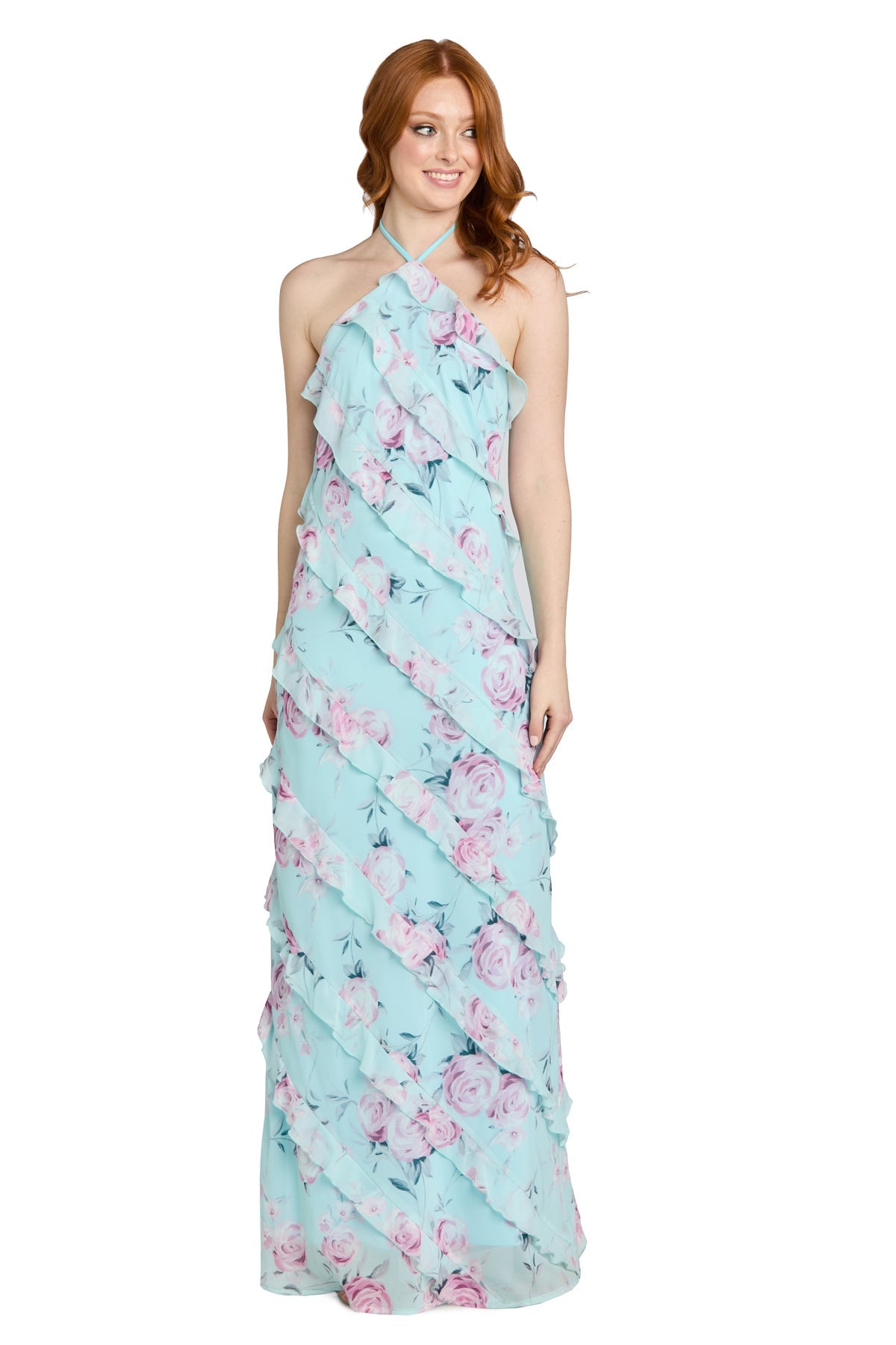 Baby/Blue Halter Floor-Length Mesh Spring Event Dress Cascading Ruffles Morgan & Co 14173