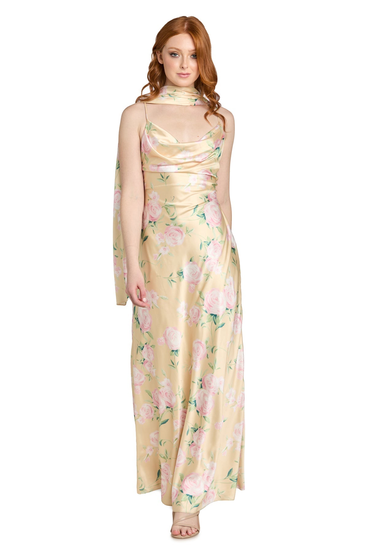 Cowl Neck Long Satin Prom Dress by Morgan & Co 14175 in Yellow