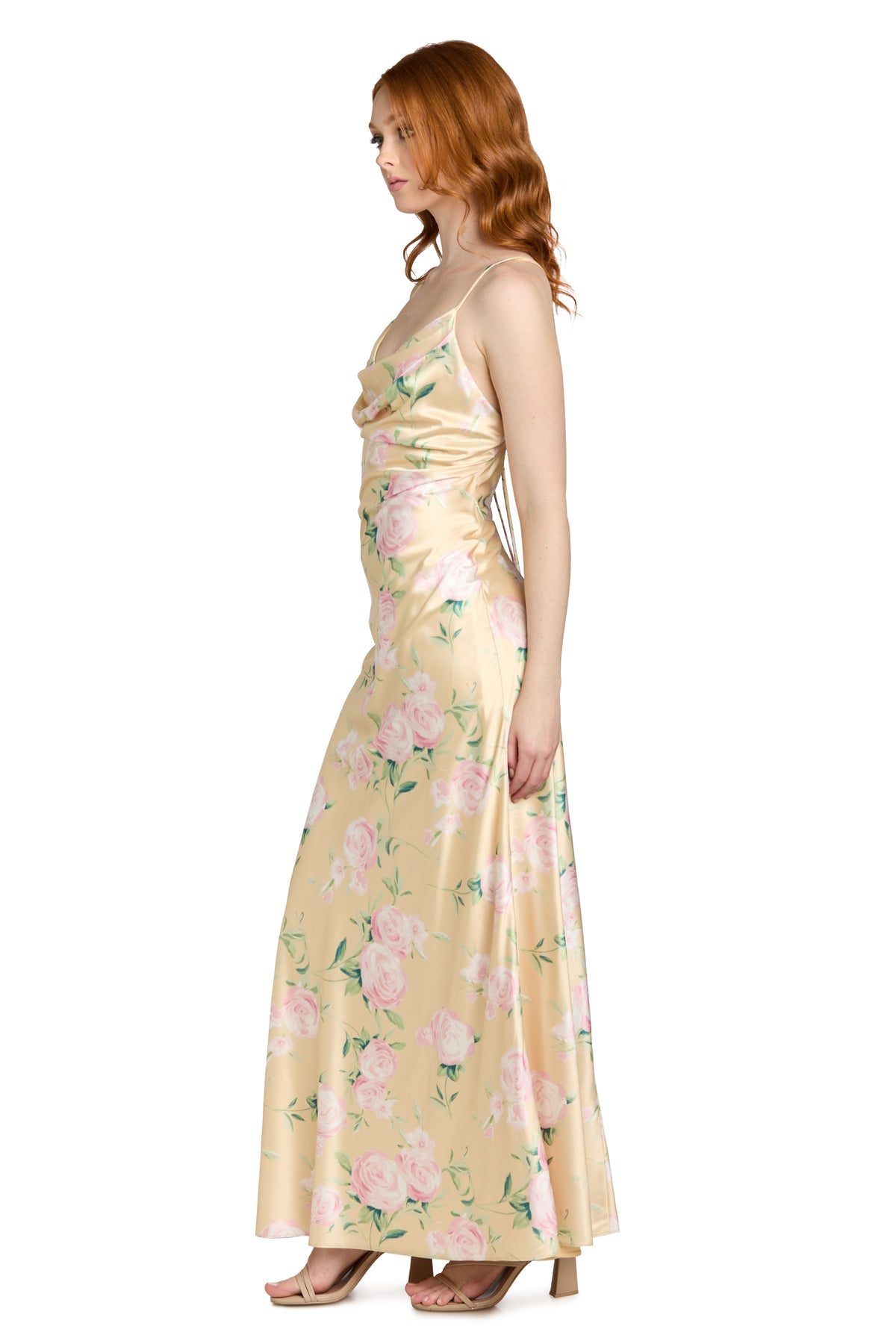 Cowl Neck Long Satin Prom Dress by Morgan & Co 14175 in Yellow
