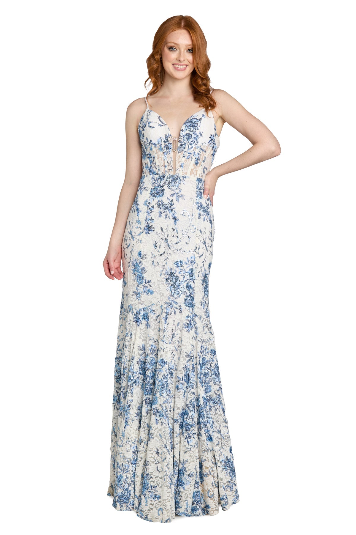 V-Neck Floor-Length Floral Lace Formal Mermaid Gown Morgan & Co 14181