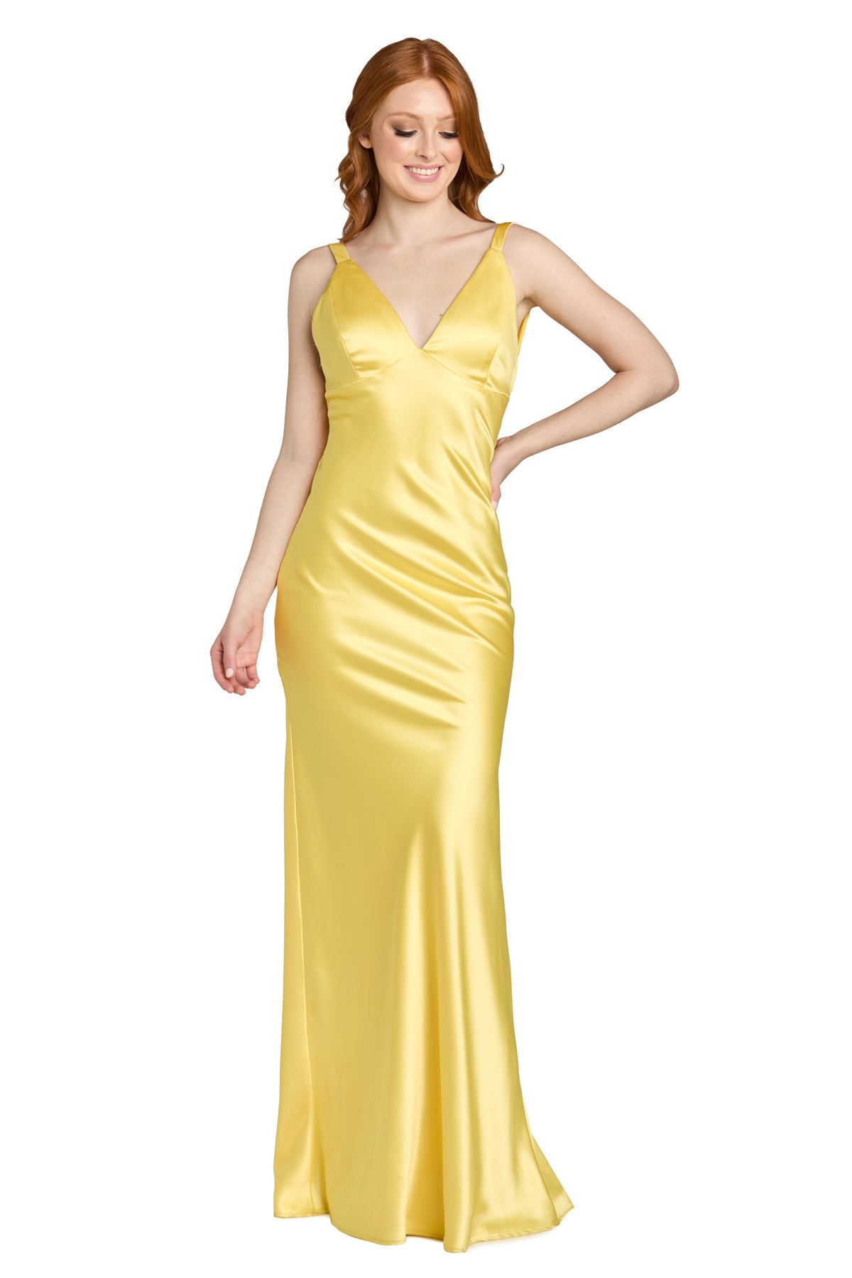 Morgan & Co Women's Stretch Satin Long Dress, Yellow, 9