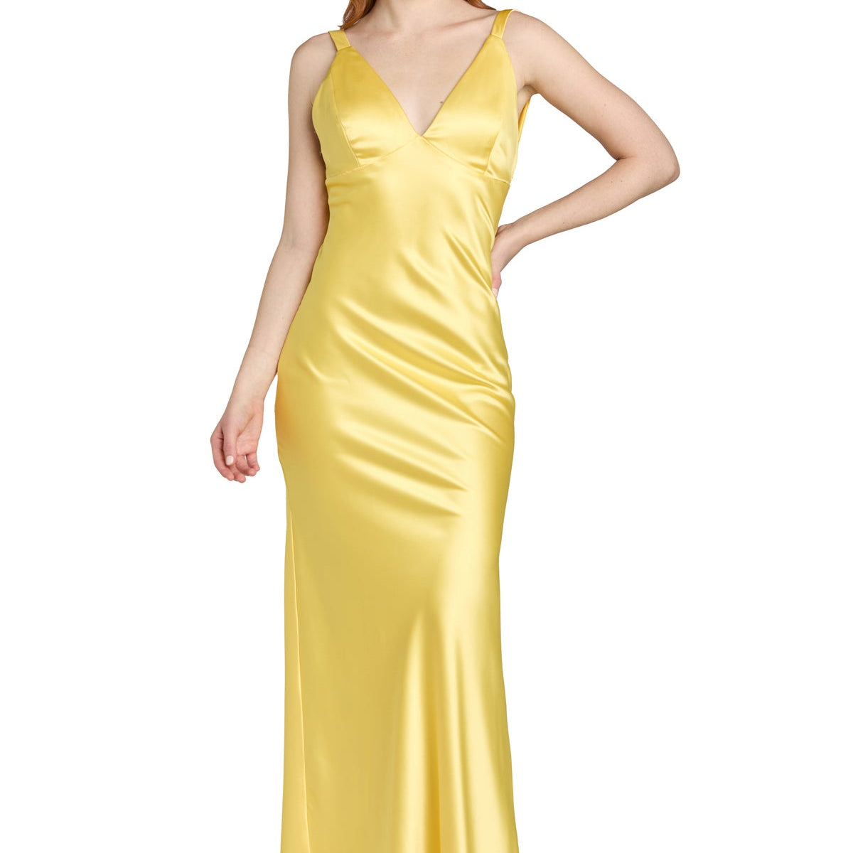 yellow satin dress long Morgan & Co Women's Stretch Satin Long Dress, Yellow, 9