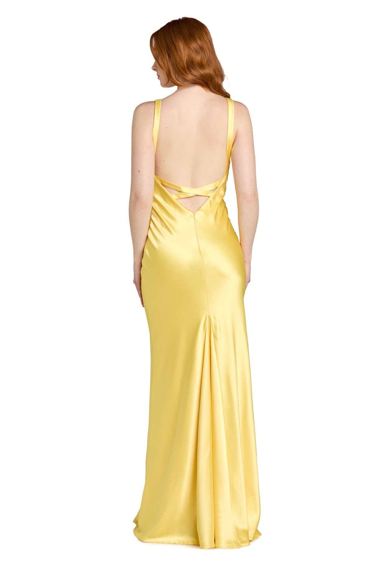 V-Neck Long Satin Prom Dress by Morgan & Co 14185 in Yellow