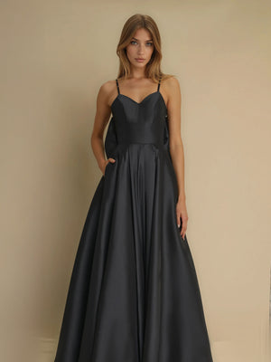 Long Black Prom Ball Gown Bow Tie Back