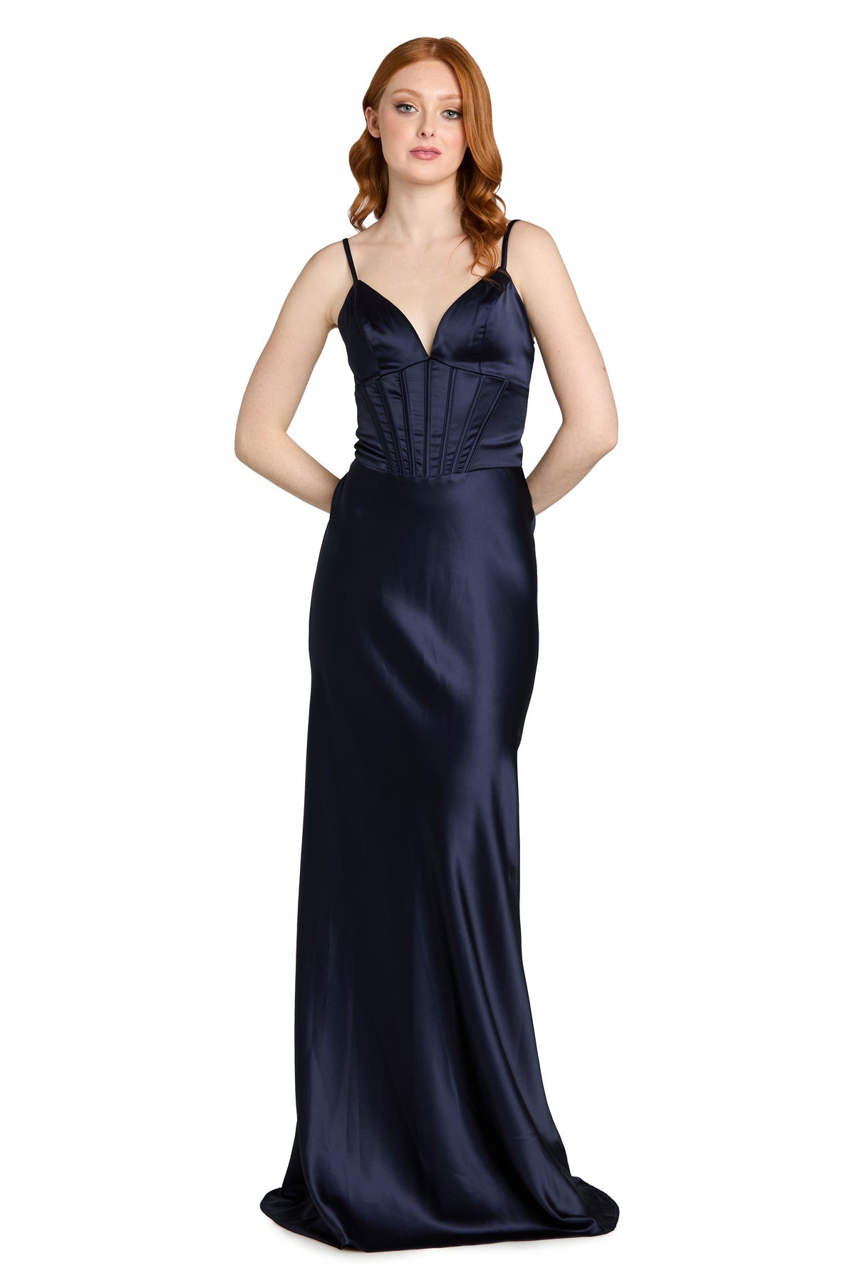 V-Neck Long Satin Prom Dress by Morgan & Co 14190 in Navy