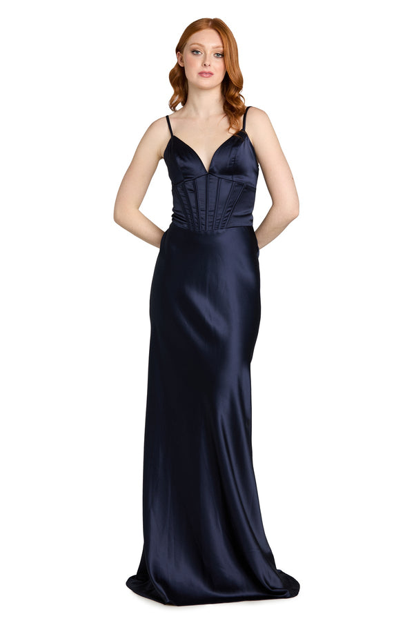 V-Neck Long Satin Prom Dress by Morgan & Co 14190