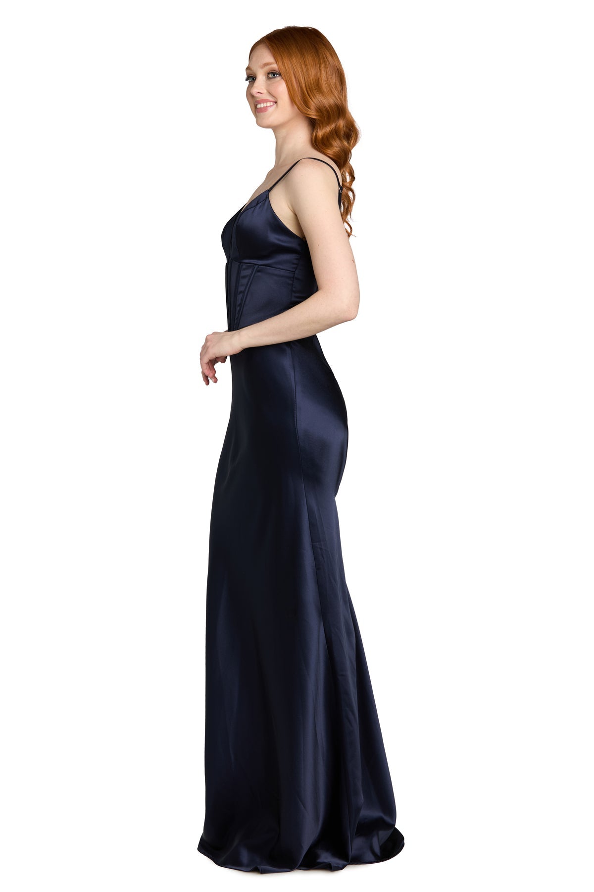 V-Neck Long Satin Prom Dress by Morgan & Co 14190 in Navy