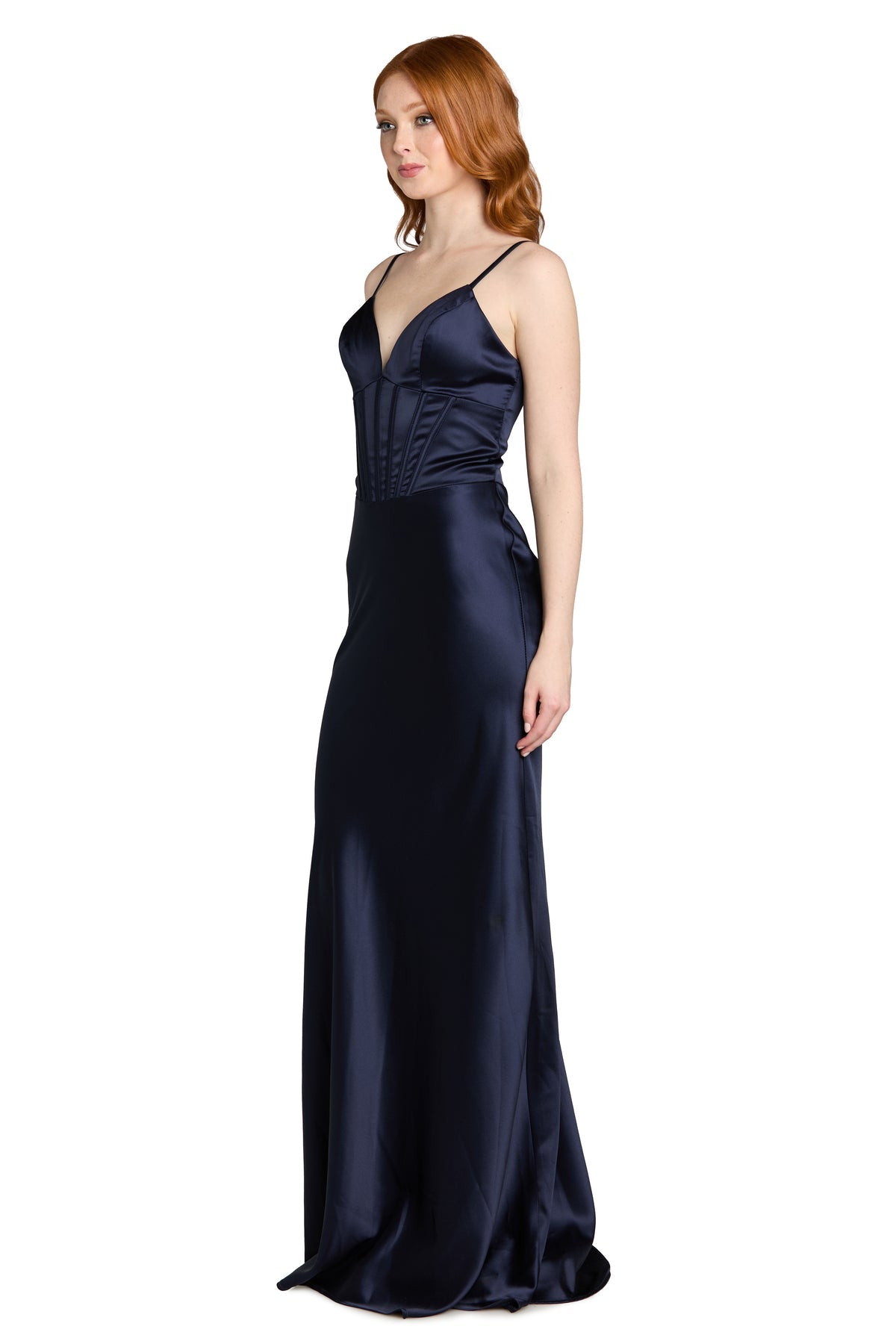 V-Neck Long Satin Prom Dress by Morgan & Co 14190 in Navy