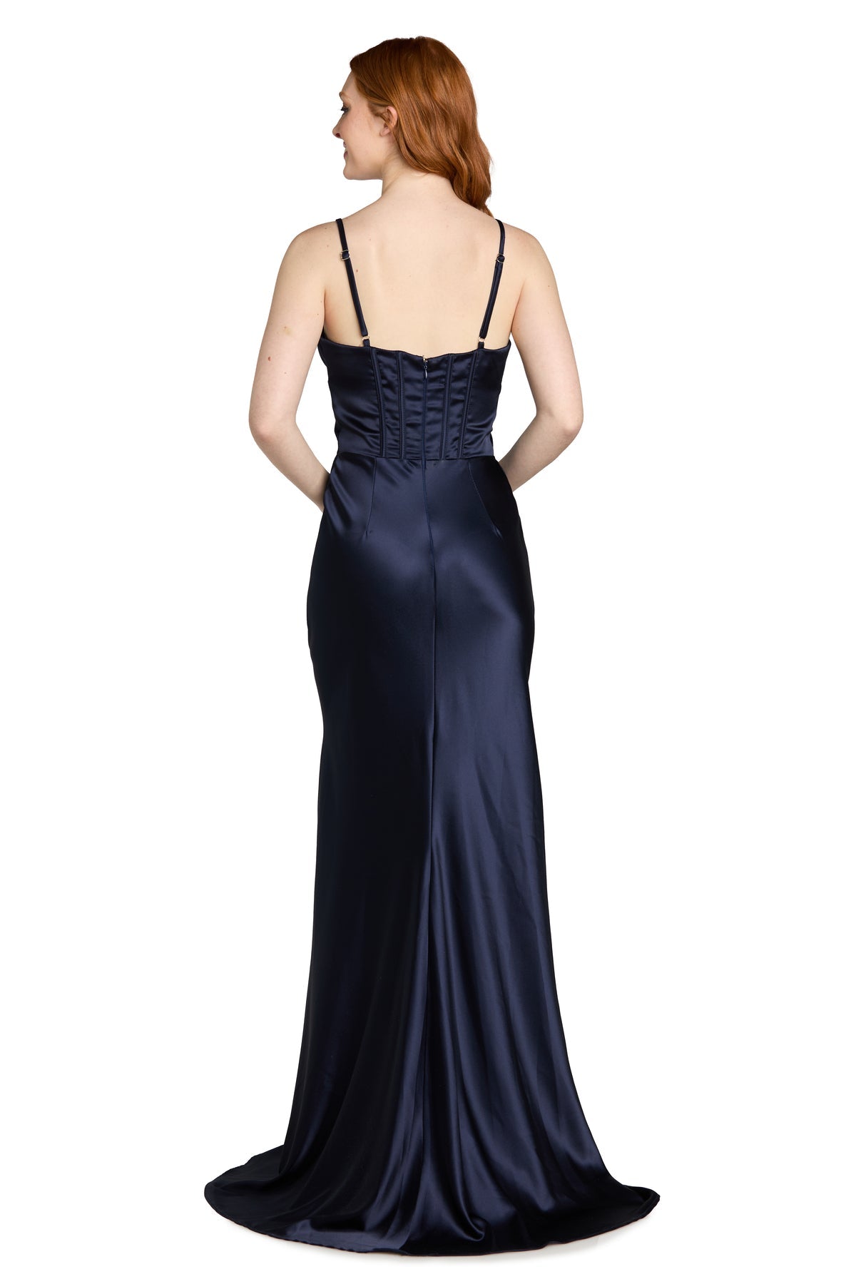 V-Neck Long Satin Prom Dress by Morgan & Co 14190 in Navy