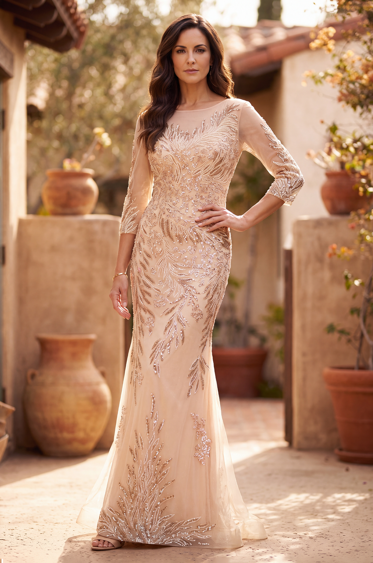 Formal Dresses Long Sleeve Formal Feather Sequins Evening Dress Gold