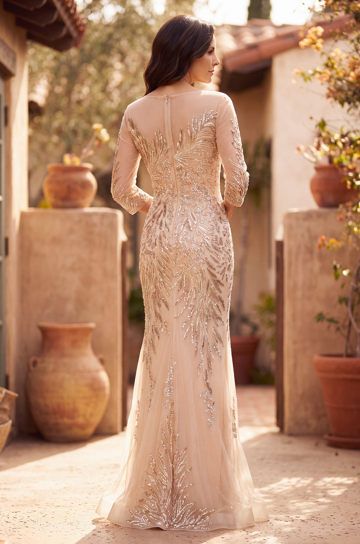 Formal Dresses Long Sleeve Formal Feather Sequins Evening Dress Gold