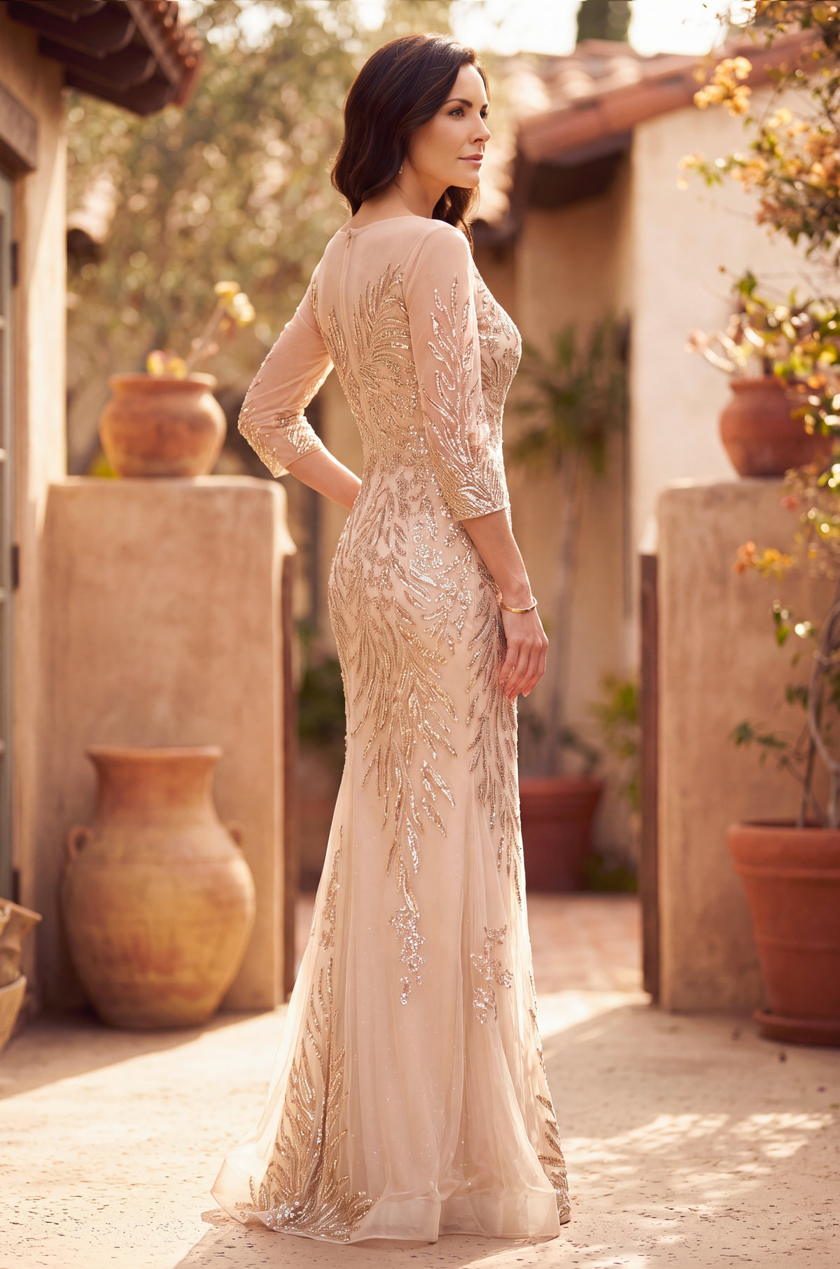 Formal Dresses Long Sleeve Formal Feather Sequins Evening Dress Gold