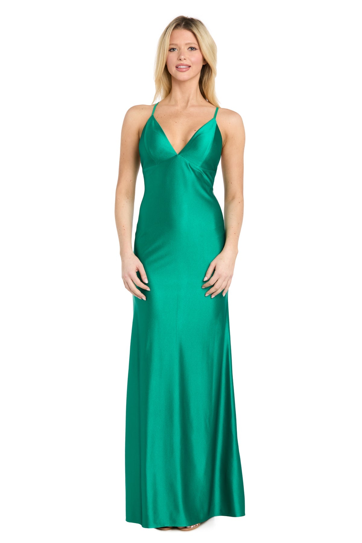 V-Neck Floor-Length Satin Formal Slip Gown Criss-Cross Back Morgan & Co 14221 – The Dress Outlet