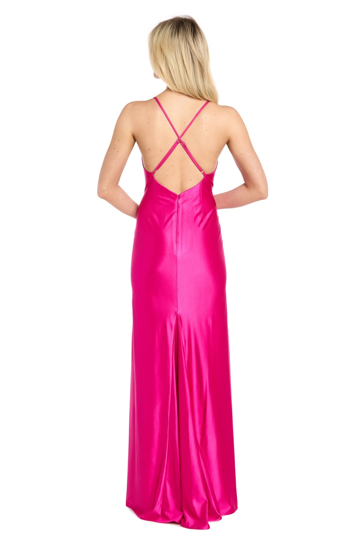 Hot Pink V-Neck Floor-Length Satin Formal Slip Gown Criss-Cross Back Morgan & Co 14221
