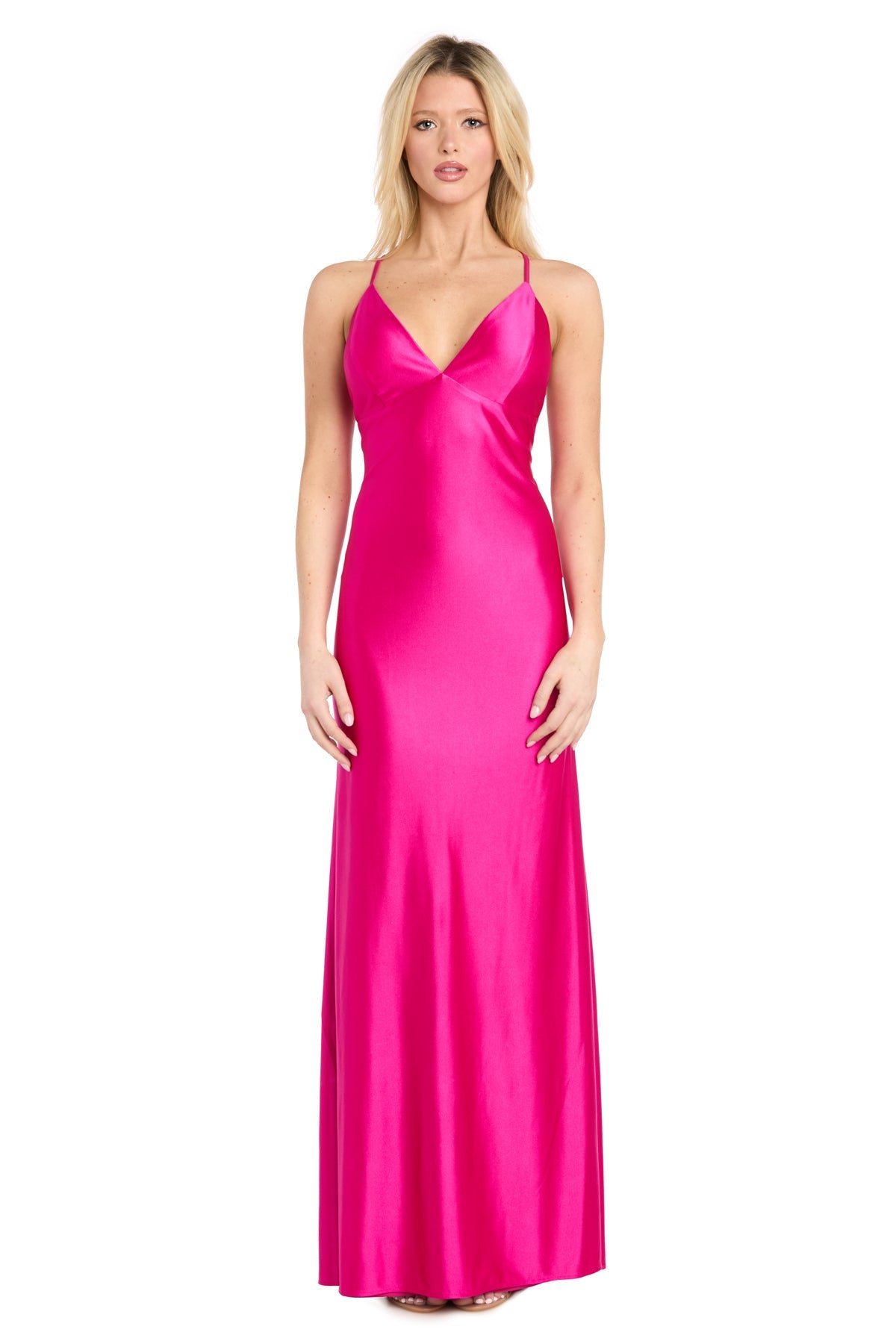 Hot Pink V-Neck Floor-Length Satin Formal Slip Gown Criss-Cross Back Morgan & Co 14221