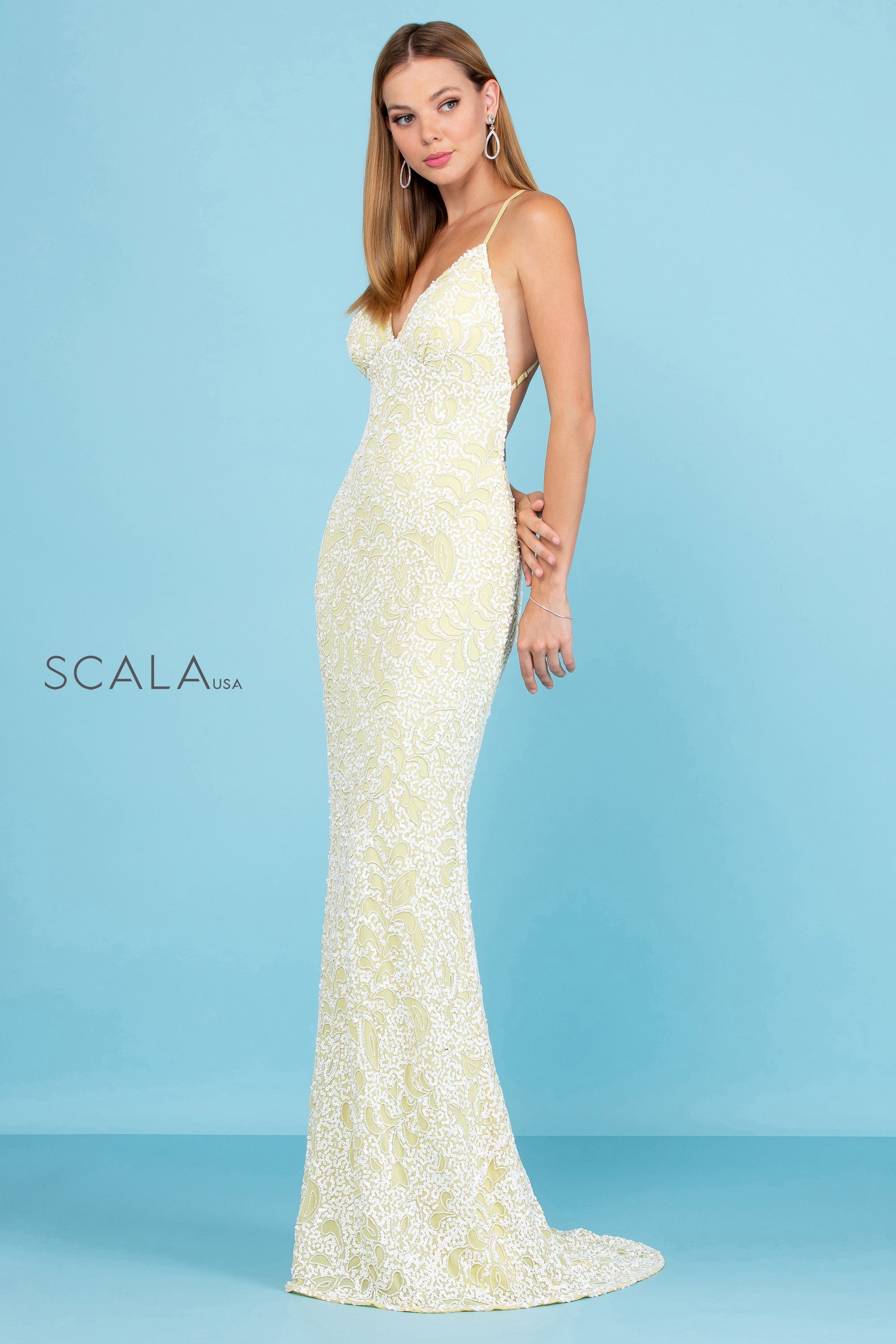Scala 47542 Fitted Formal Long Beaded Sequin Prom Dress