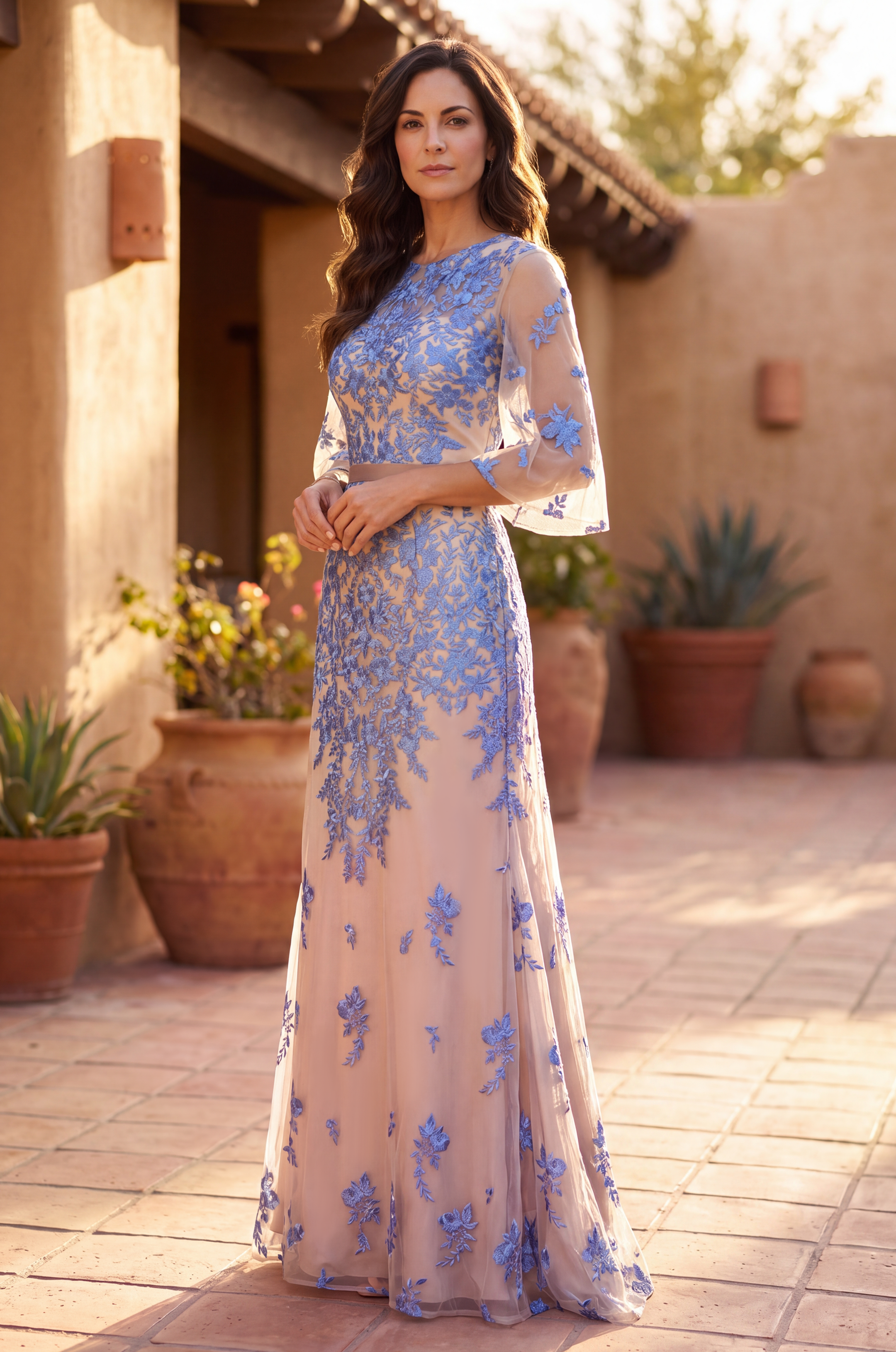 Long Floral Lace Formal Flutter Sleeve Evening Dress Blue