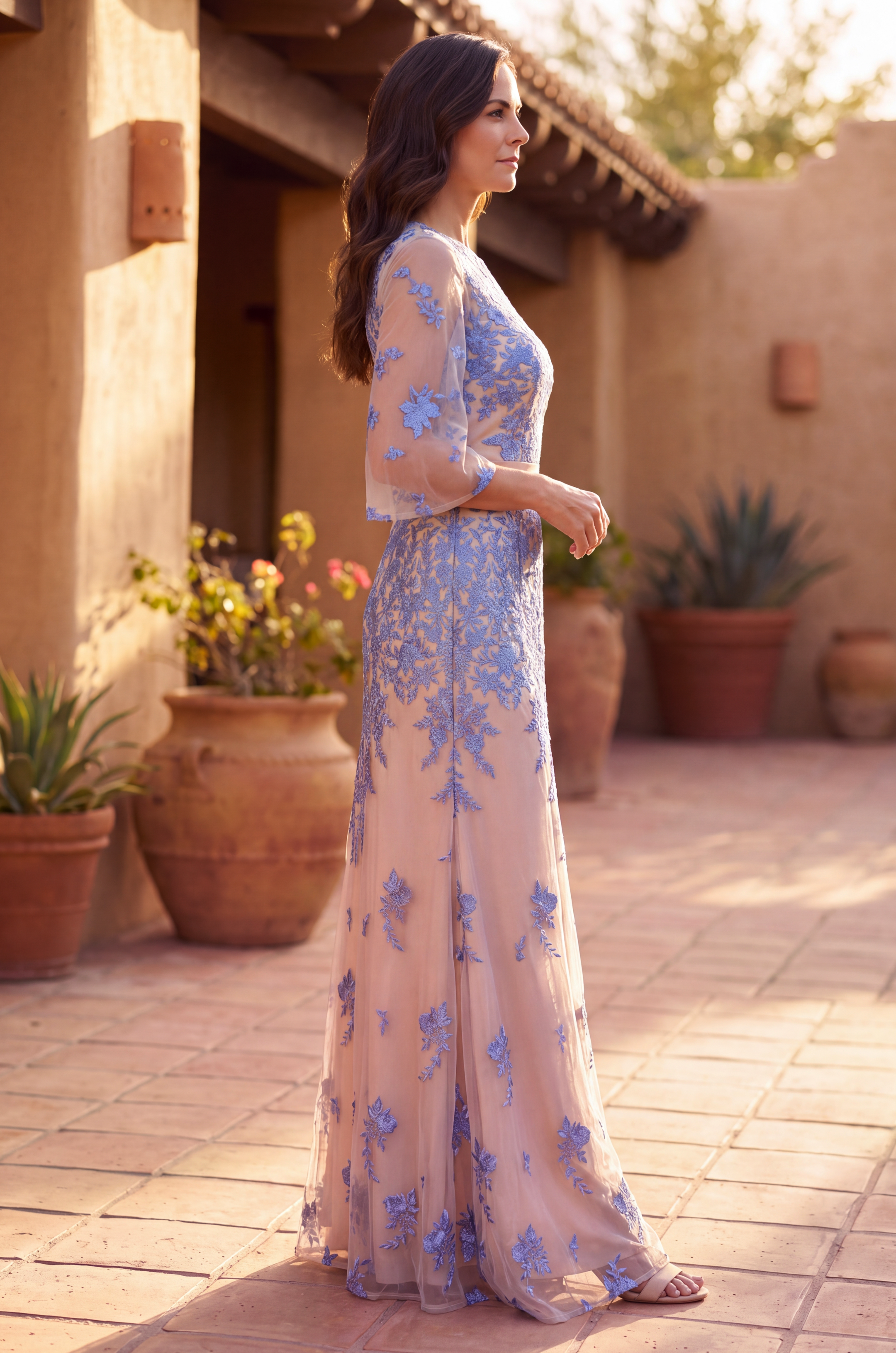 Long Floral Lace Formal Flutter Sleeve Evening Dress