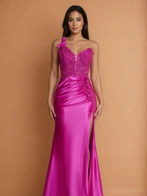 One Shoulder Formal Dress with Lace Bodice