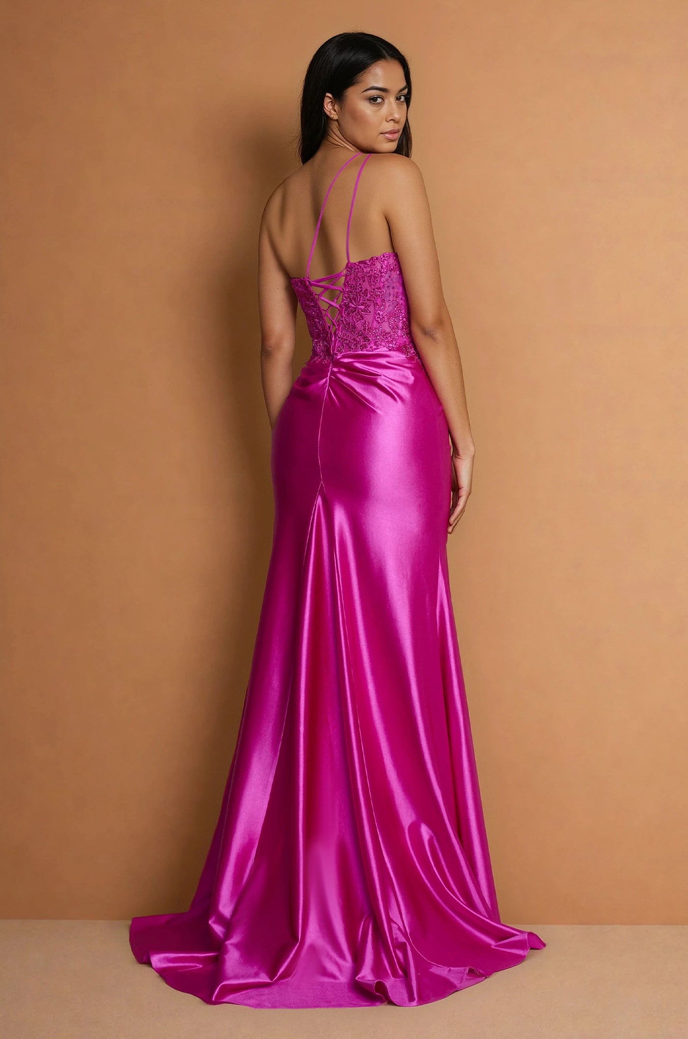 Formal Dresses One Shoulder Formal Dress with Lace Bodice Fuchsia