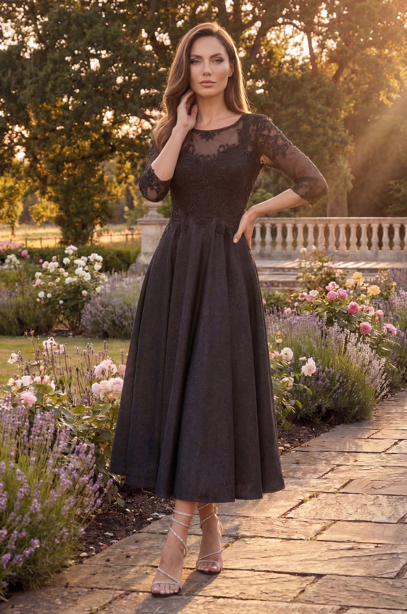 Glitter Swirl Embroidered A Line Formal Dress in Black