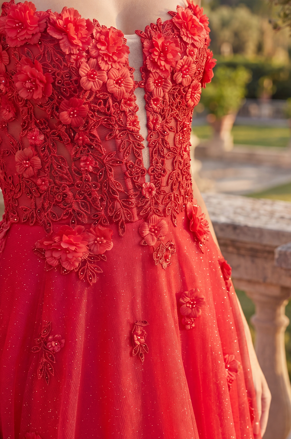 Red Lace Long Prom Dress with Floral Straps for Women