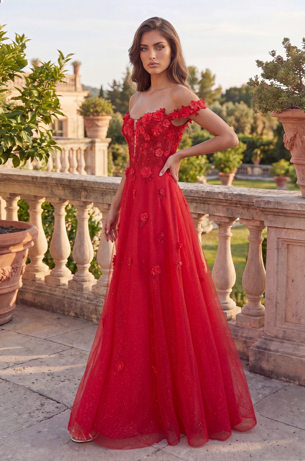 Red Lace Long Prom Dress with Floral Straps for Women