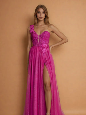 One Shoulder Lace Prom Ball Gown