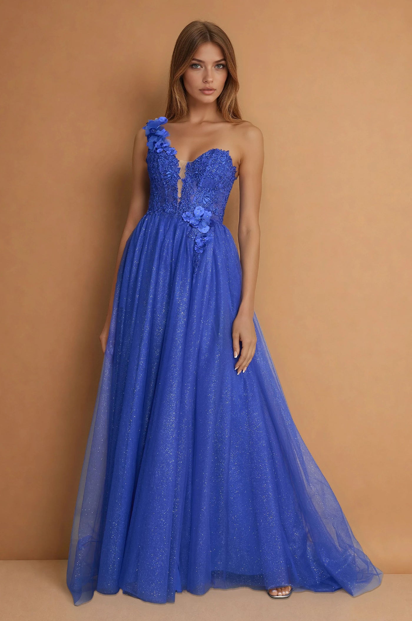 Prom Dresses One Shoulder Lace Prom Ball Gown  Royal Blue