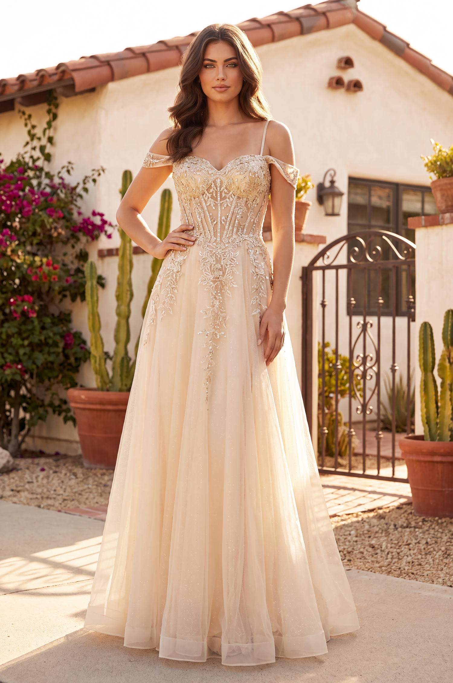 Off Shoulder Corset Prom Formal Gown Champagne