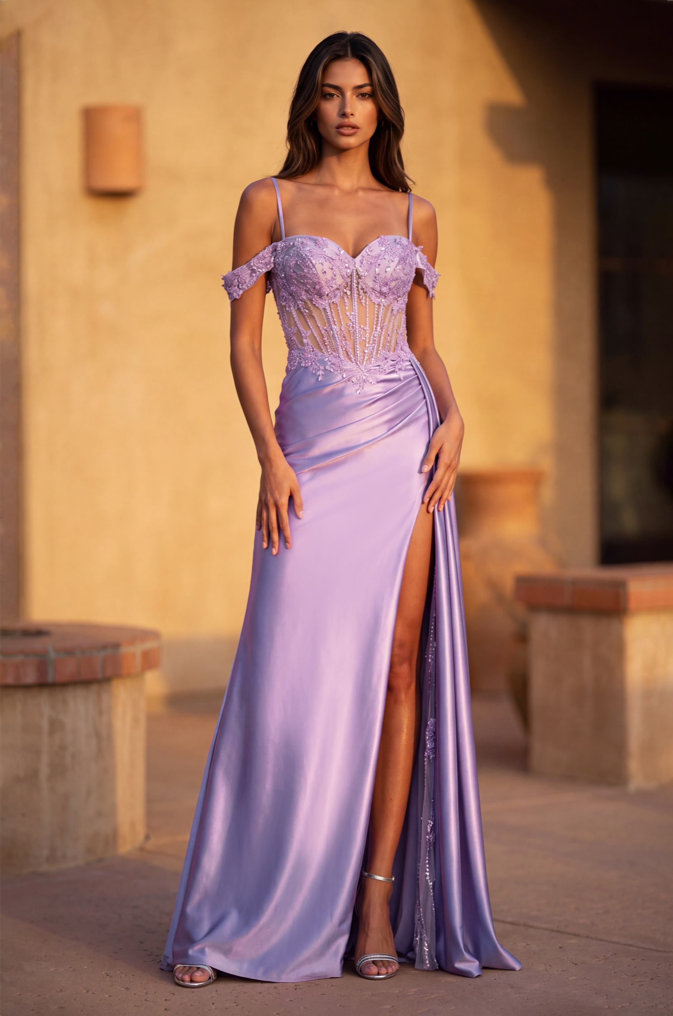 Long Corset Prom Dresss with Beaded Drape Slit