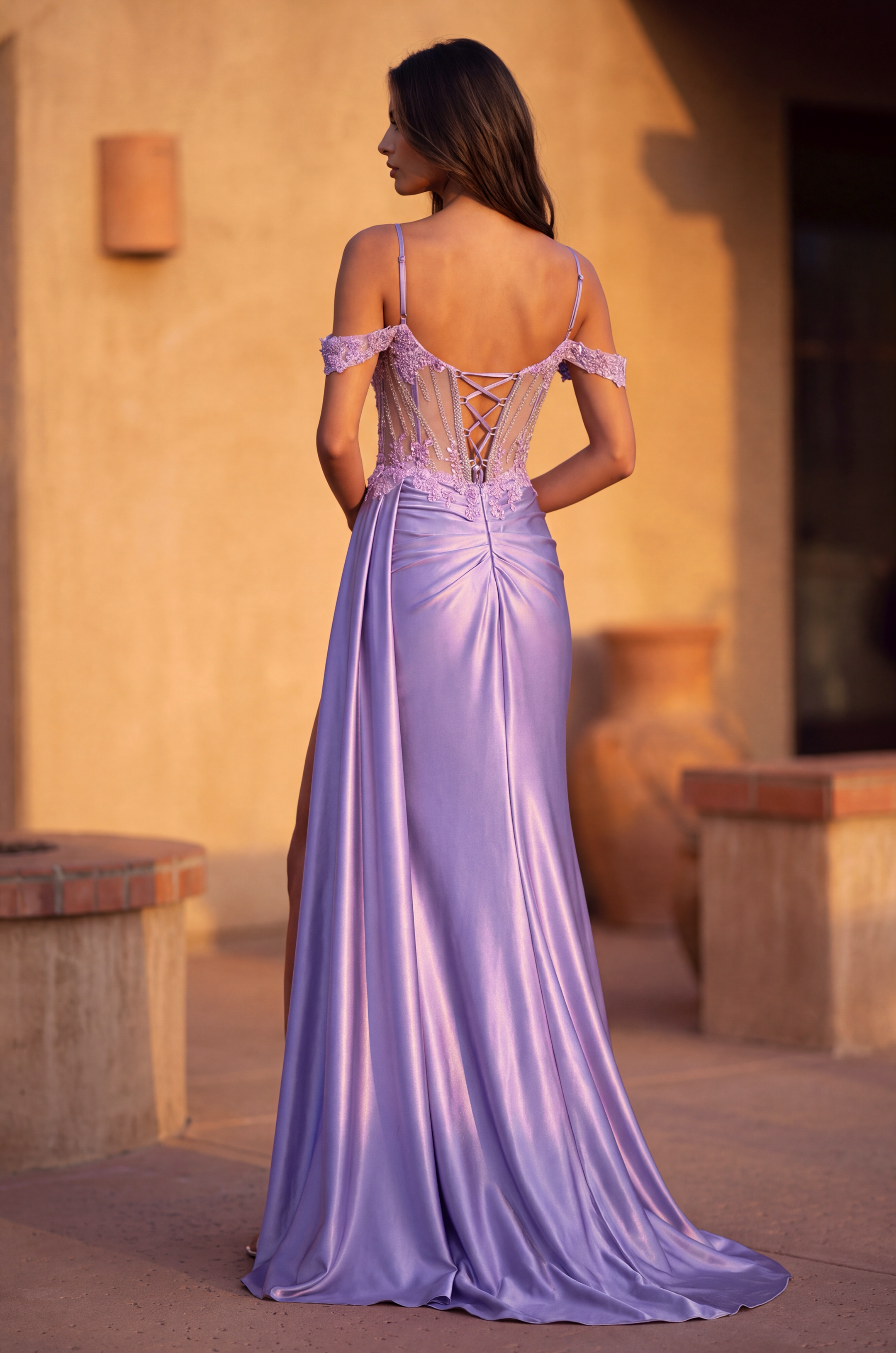 Long Corset Prom Dresss with Beaded Drape Slit