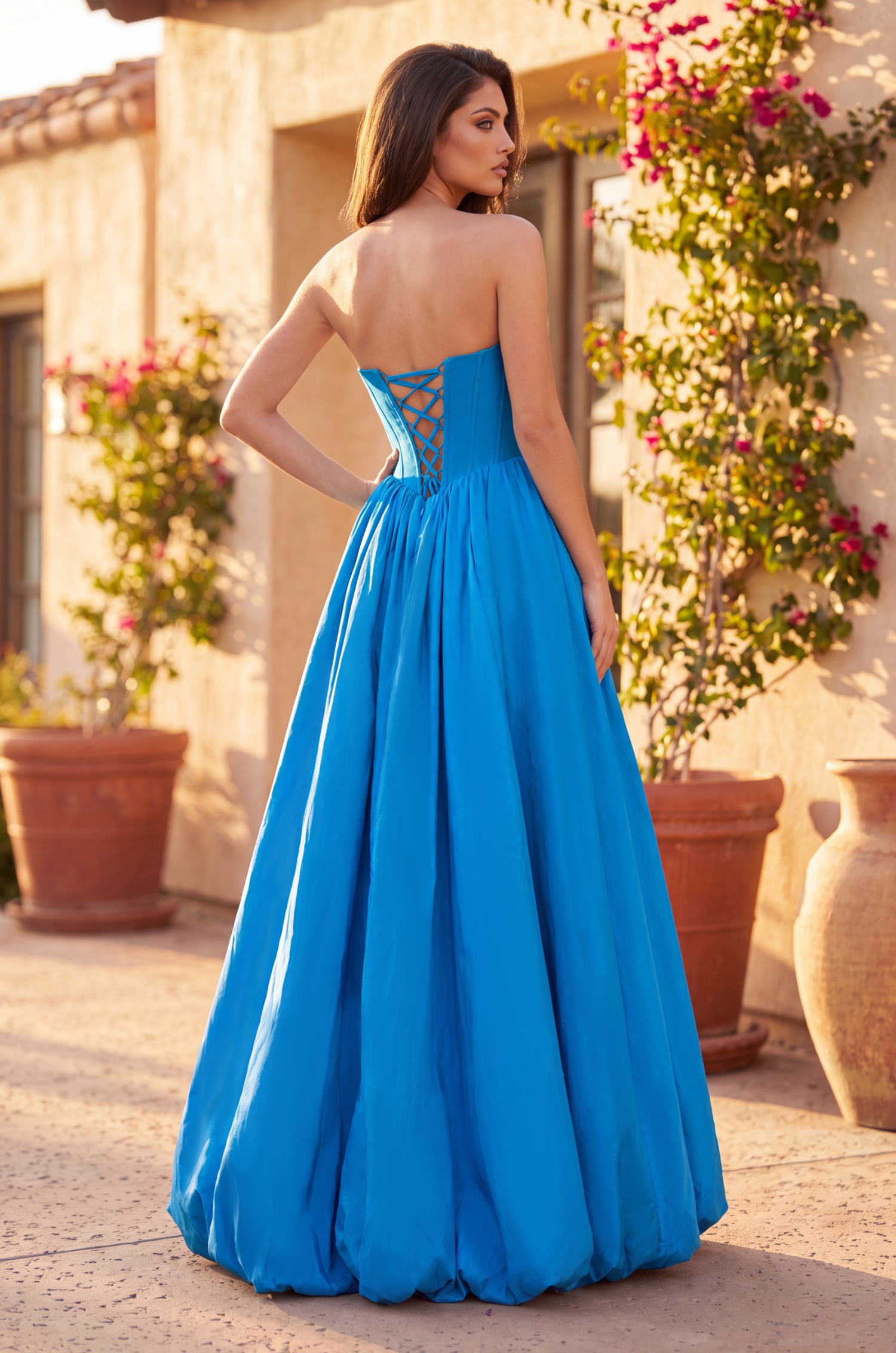 High-Low Satin Corset Evening Gown with Full Skirt