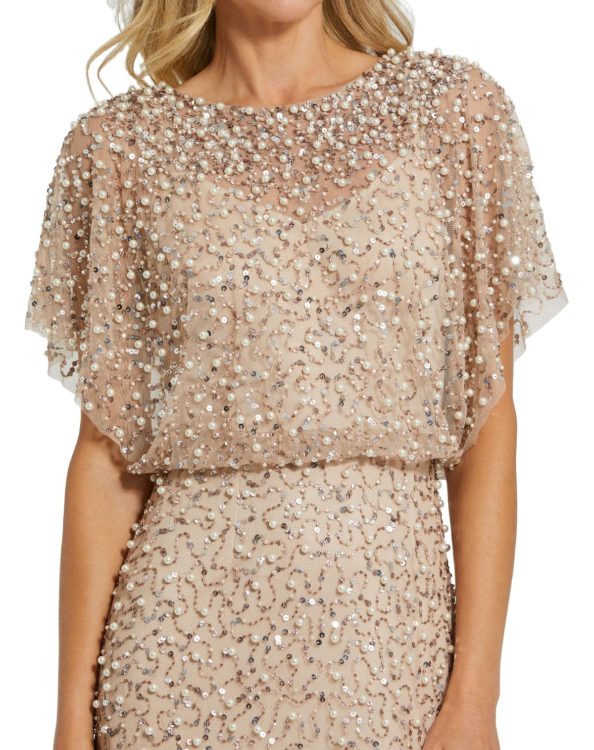 chinese dress ladies Mac Duggal Women's Beaded Sequin Shawl Gown - Beige Gold