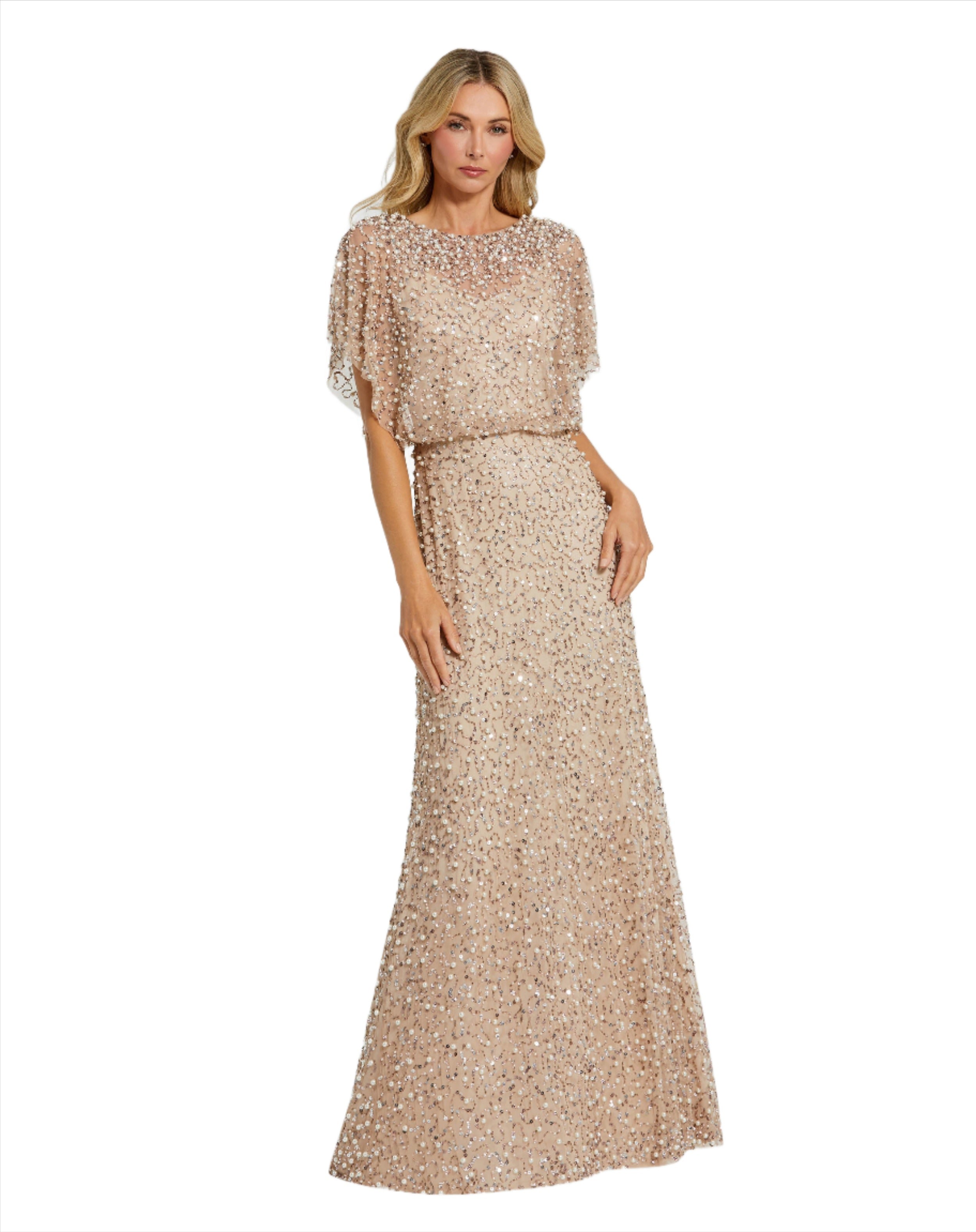 Nude Gold Mac Duggal 14523 Long Formal Beaded Mother of the Bride Dress ...